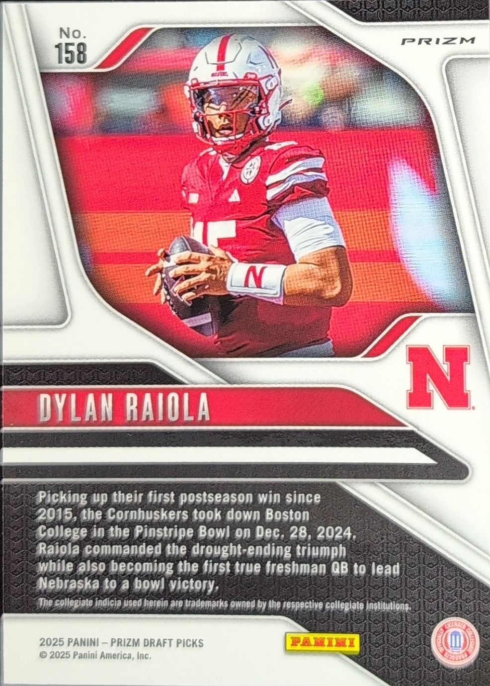 2025 Panini Prizm Draft Picks Dylan Raiola #158 Prizms Red Ice Nebraska Cornhuskers back