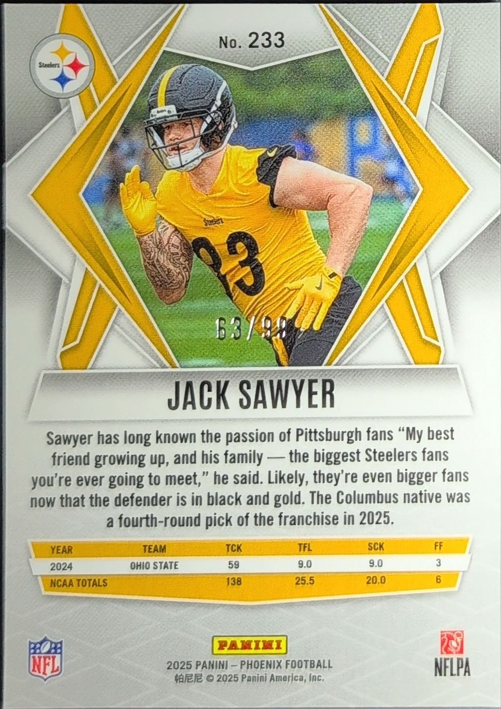 Jack Sawyer 2025 Panini Phoenix #233 Red Seismic Prizm Rookie RC Pittsburgh Steelers - back image