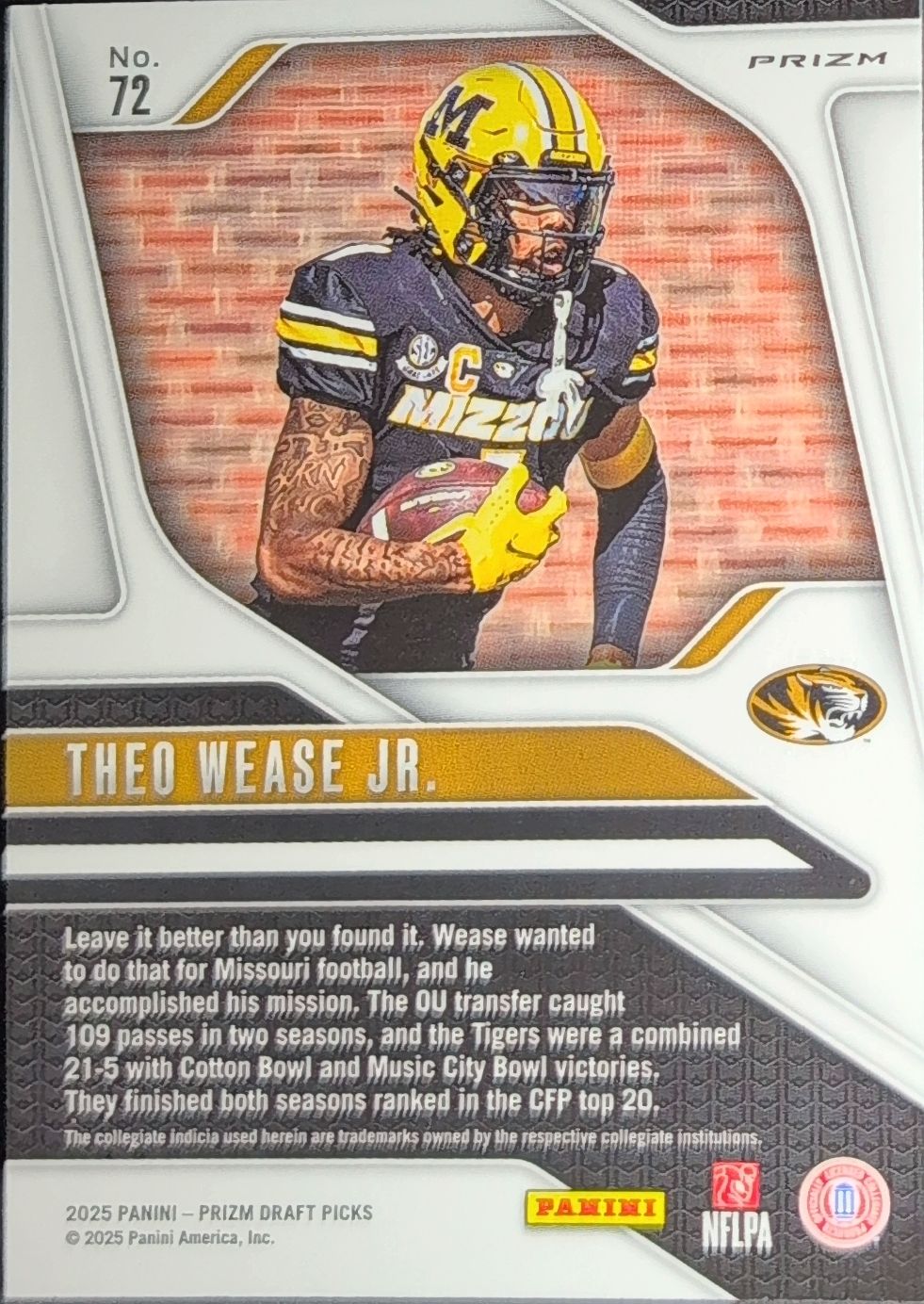 2025 Panini Prizm Draft Picks Theo Wease Jr. #72 Prizms Green Missouri Tigers back