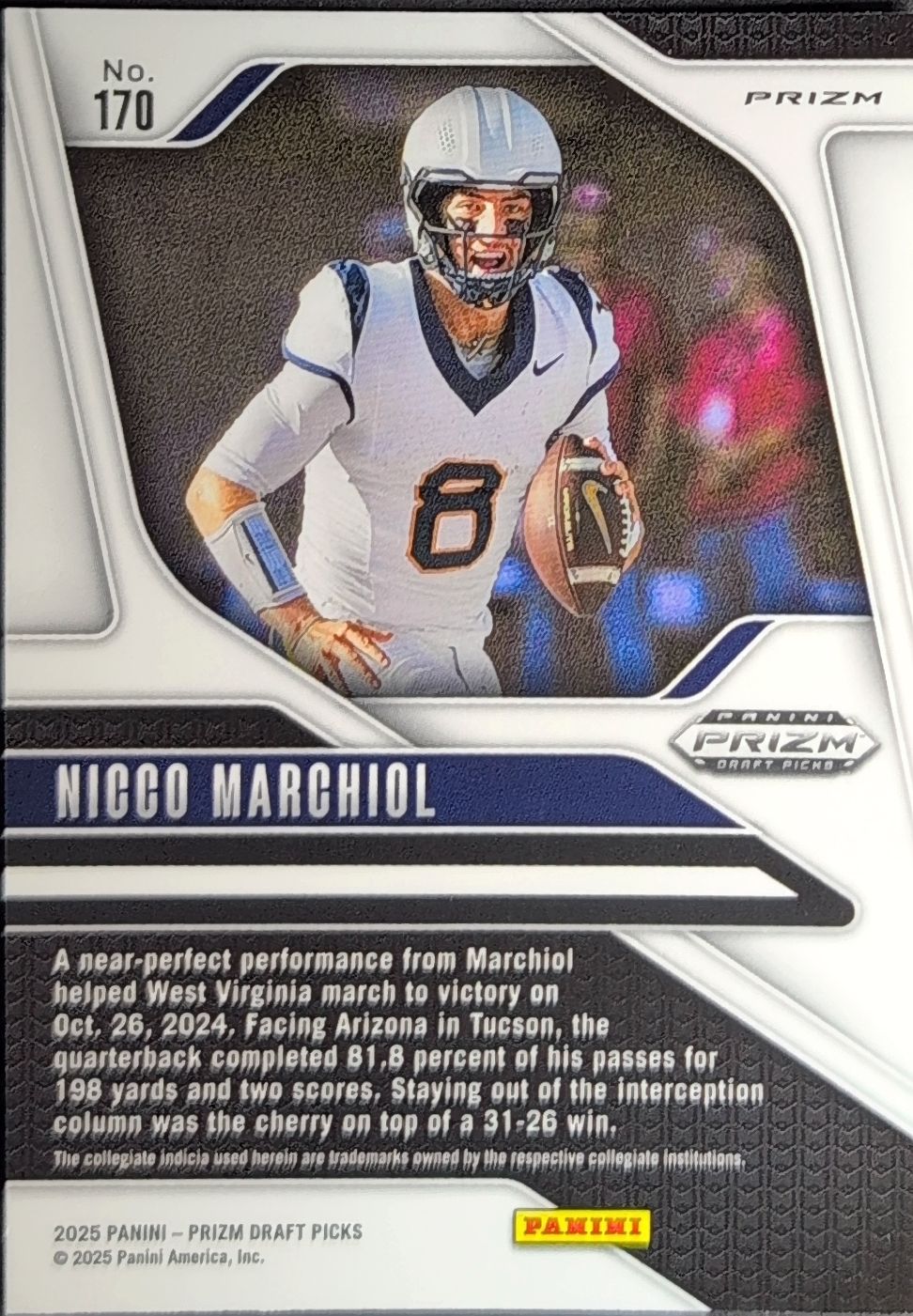 2025 Panini Prizm Draft Picks Nicco Marchiol #170 Prizms Silver West Virginia Mountaineers back
