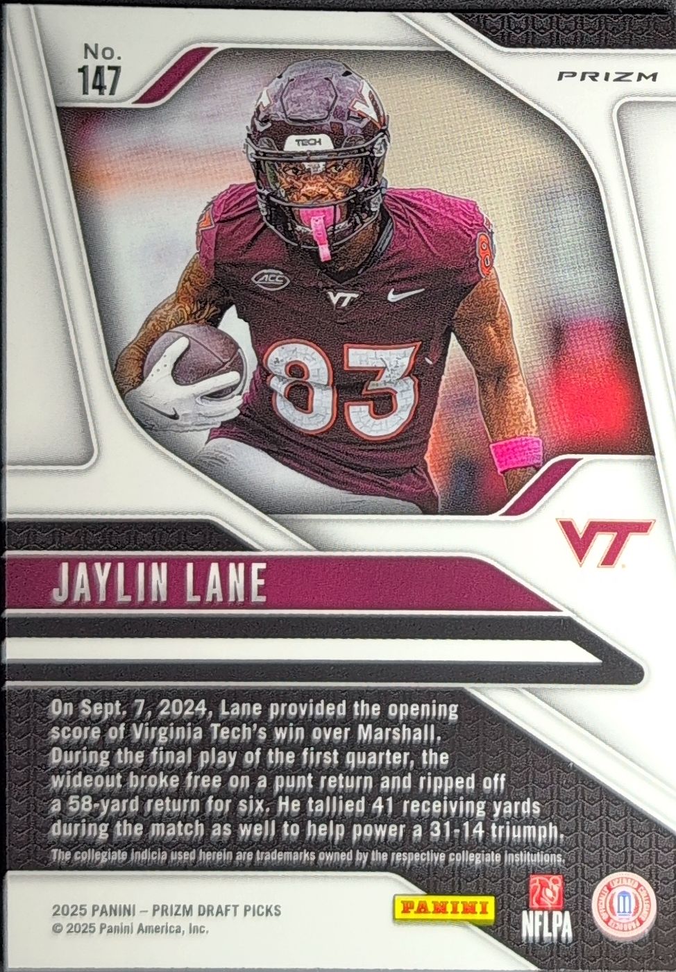 2025 Panini Prizm Draft Picks Jaylin Lane #147 Prizms Silver Virginia Tech Hokies back