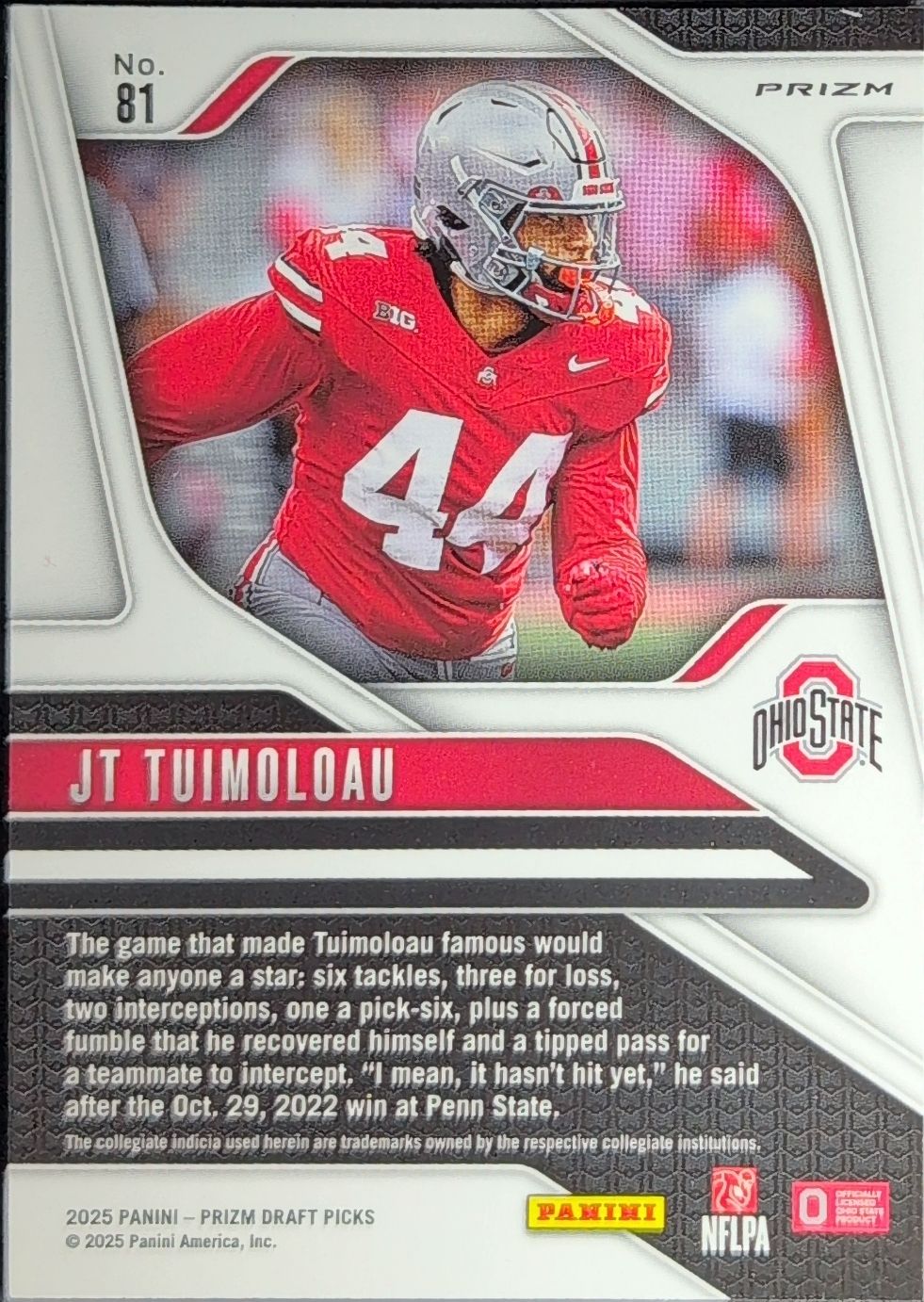 2025 Panini Prizm Draft Picks JT Tuimoloau #81 Prizms Red Ice Ohio State Buckeyes back