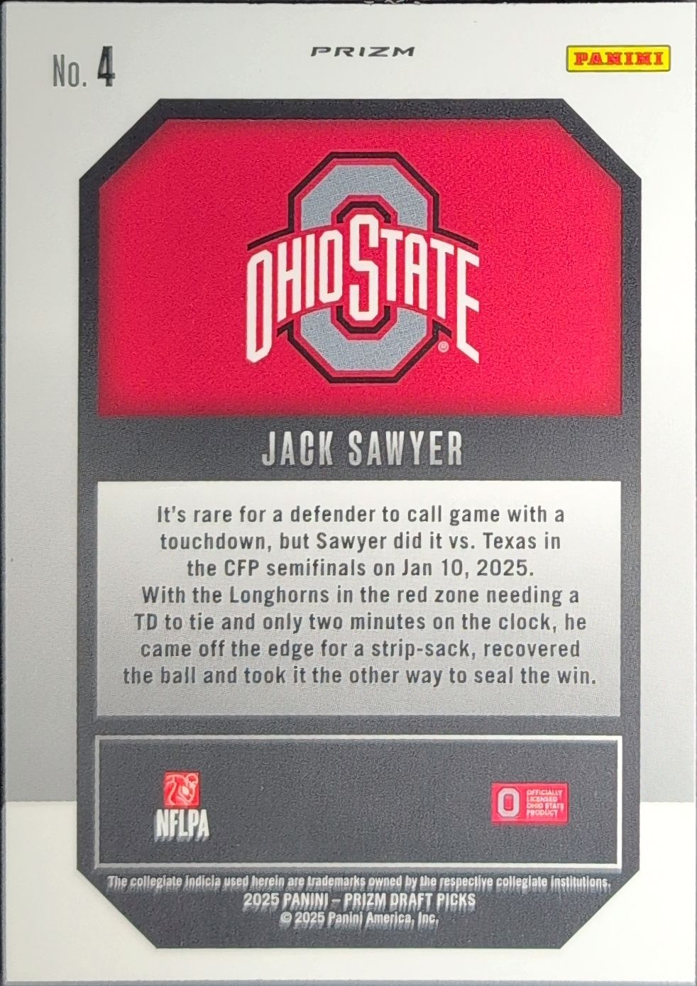 2025 Panini Prizm Draft Picks Jack Sawyer #4 New Recruits Green Ohio State Buckeyes back