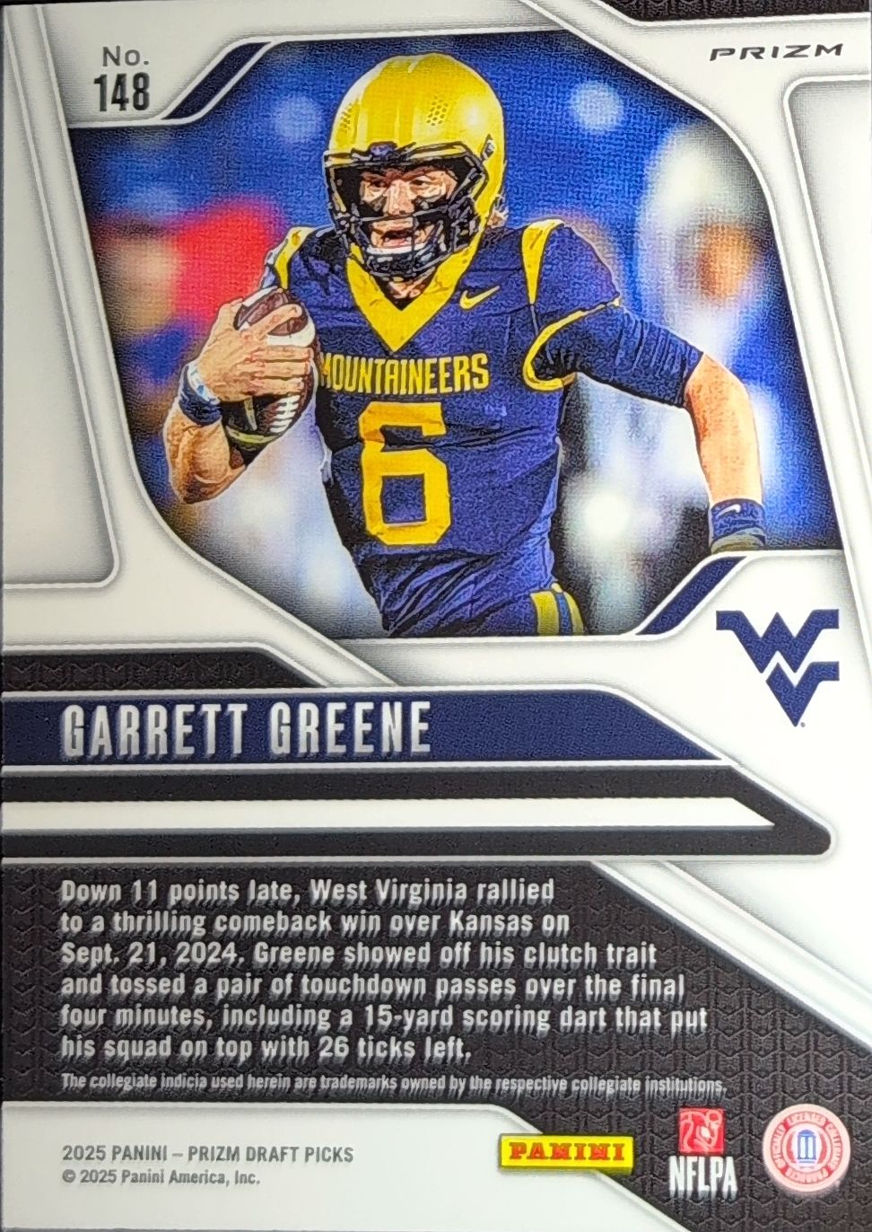 2025 Panini Prizm Draft Picks Garrett Greene #148 Prizms Purple Wave West Virginia Mountaineers back