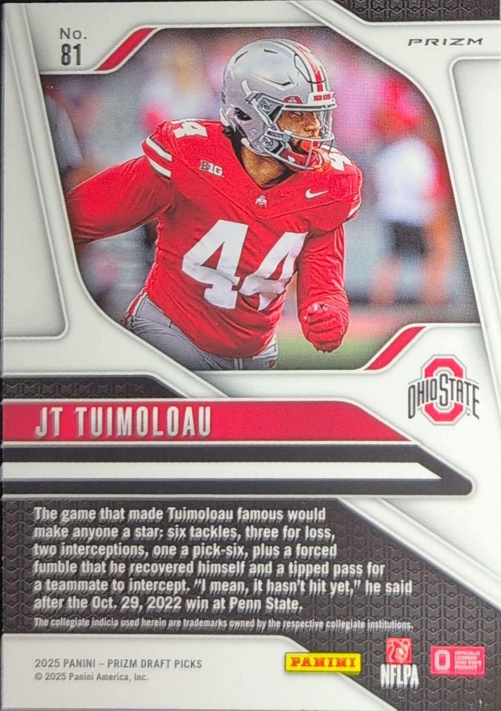 2025 Panini Prizm Draft Picks JT Tuimoloau #81 Prizms Silver Ohio State Buckeyes back