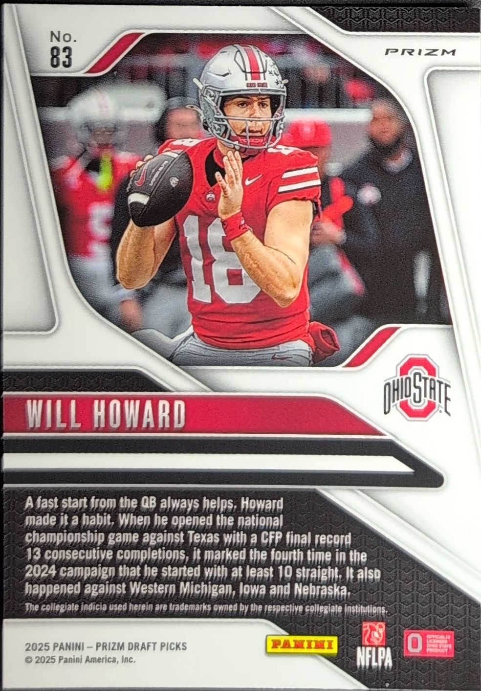 2025 Panini Prizm Draft Picks Will Howard #83 Prizms Silver Ohio State Buckeyes back