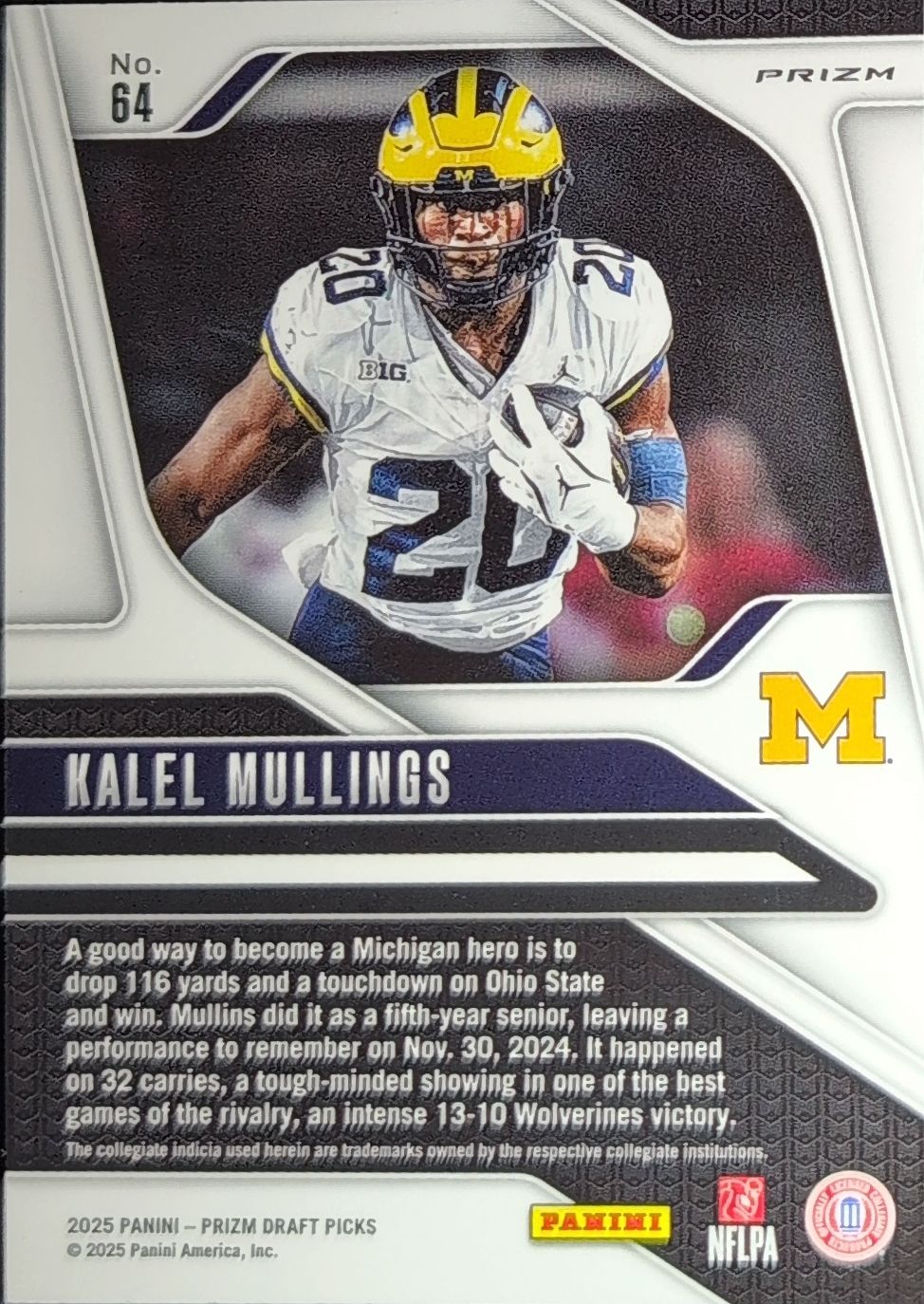 2025 Panini Prizm Draft Picks Kalel Mullings #64 Prizms Gold Ice Michigan Wolverines back