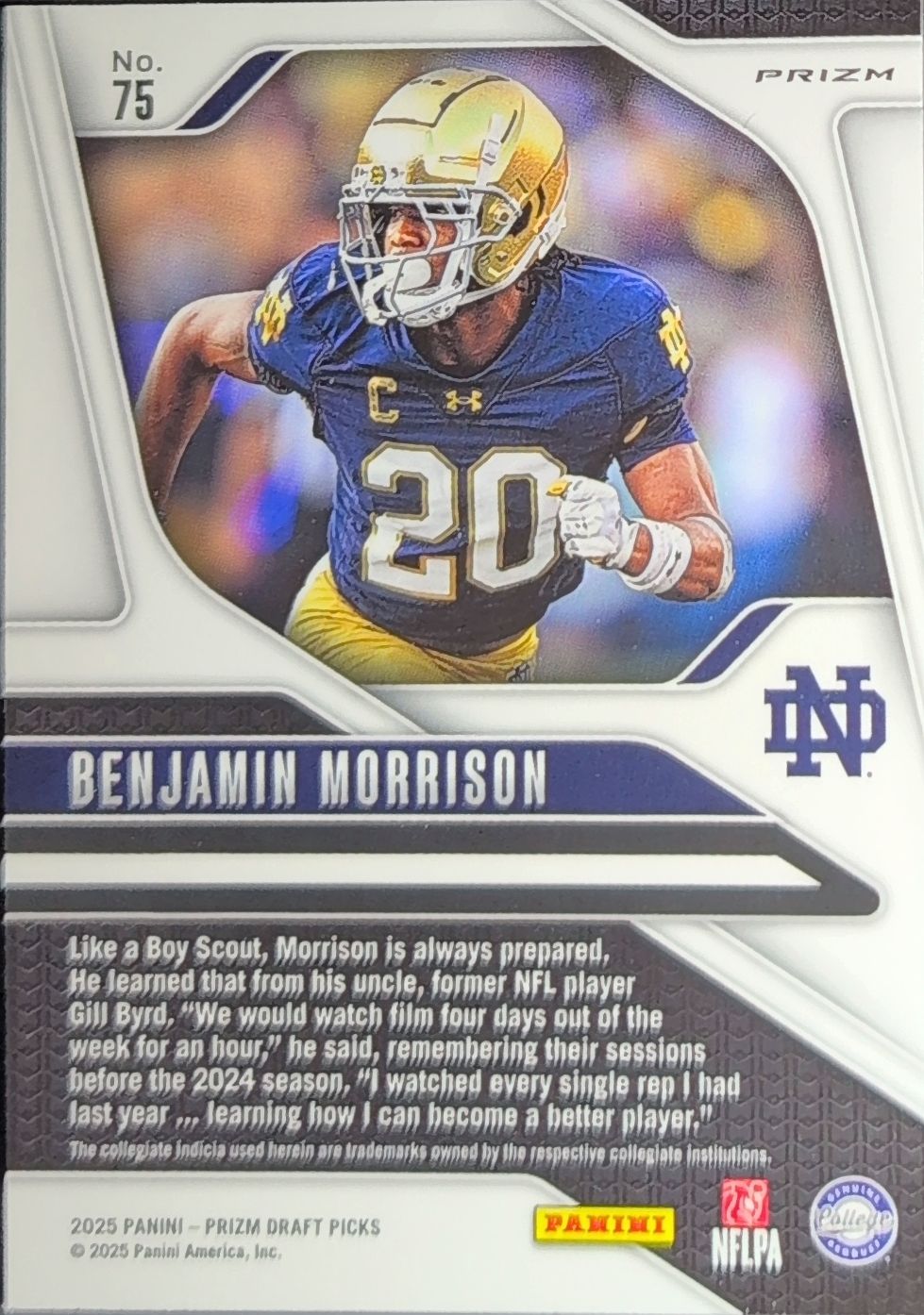 2025 Panini Prizm Draft Picks Benjamin Morrison #75 Prizms Gold Ice Notre Dame Fighting Irish back