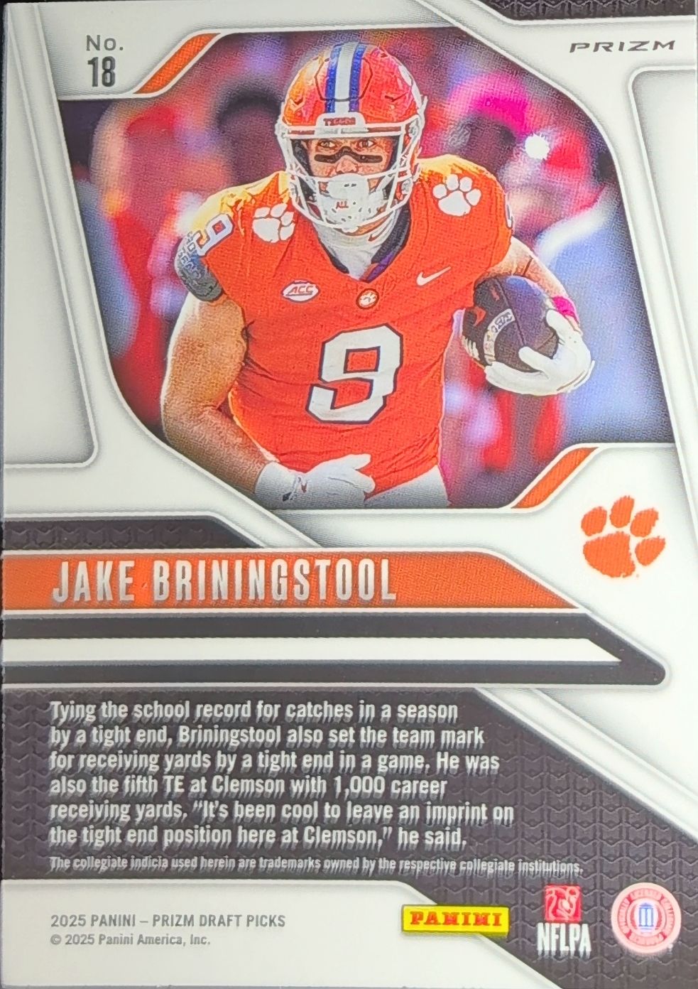 Jake Briningstool 2025 Prizm Draft Picks #18 Gold Ice Clemson Tigers