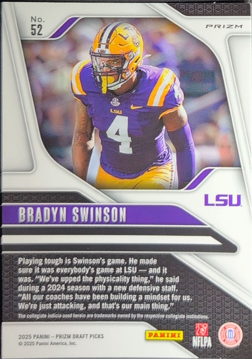 2025 Panini Prizm Draft Picks Bradyn Swinson #52 Prizms Gold Ice LSU Tigers back