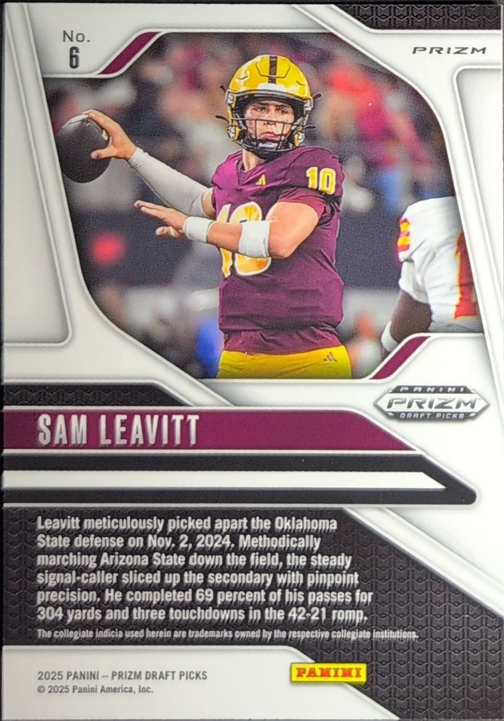 2025 Panini Prizm Draft Picks Sam Leavitt #6 Prizms Gold Ice Arizona State Sun Devils back