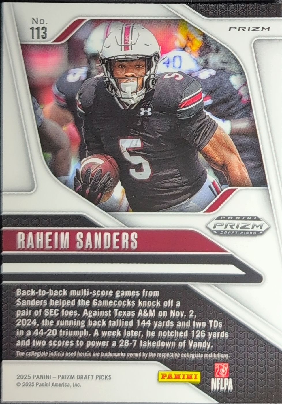 2025 Panini Prizm Draft Picks Raheim Sanders #113 Prizms Gold Ice South Carolina Gamecocks back