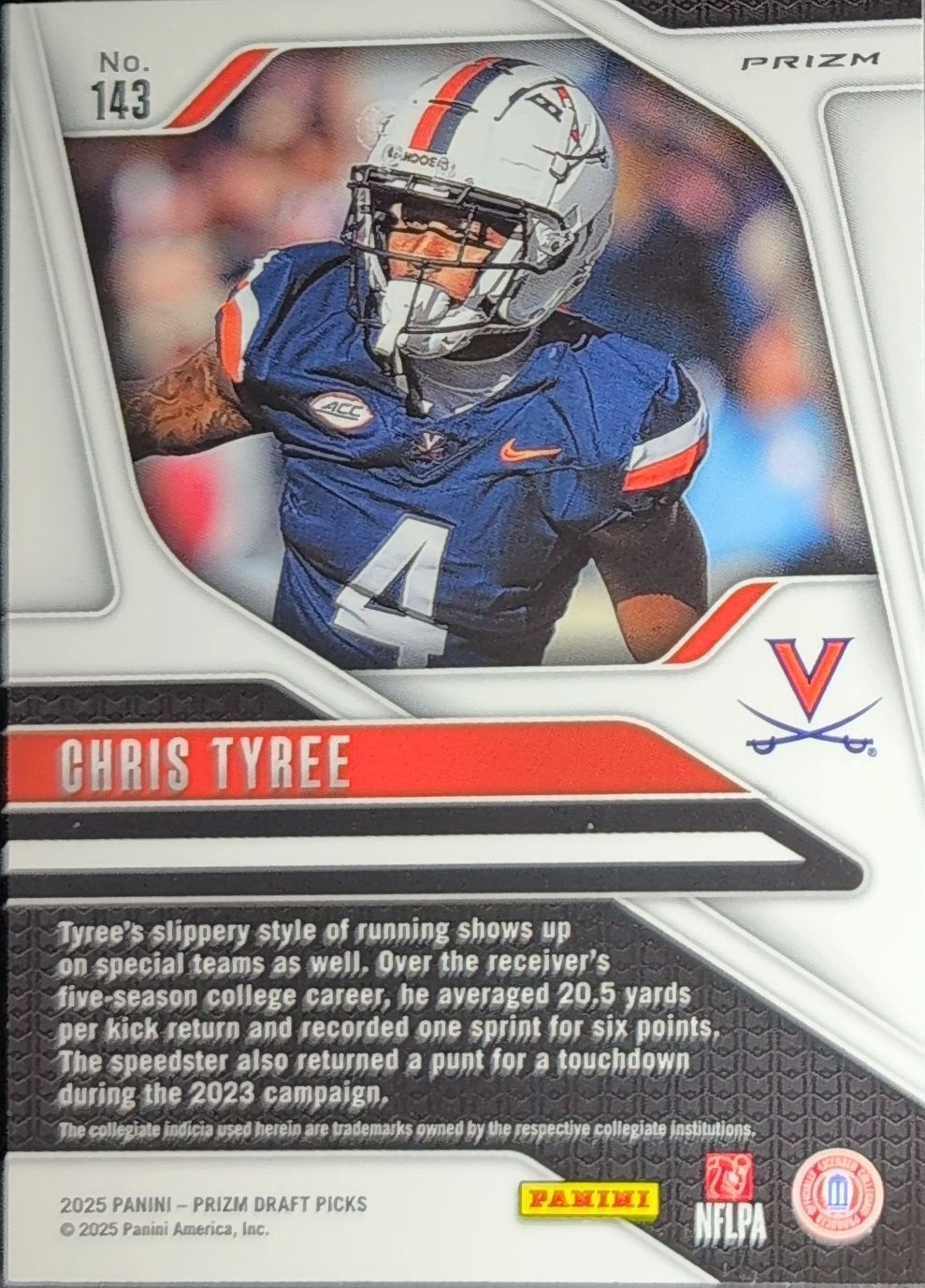 2025 Panini Prizm Draft Picks Chris Tyree #143 Prizms Gold Ice Virginia Cavaliers back