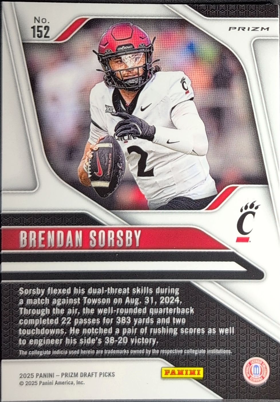 2025 Panini Prizm Draft Picks Brendan Sorsby #152 Prizms Red Ice Cincinnati Bearcats back