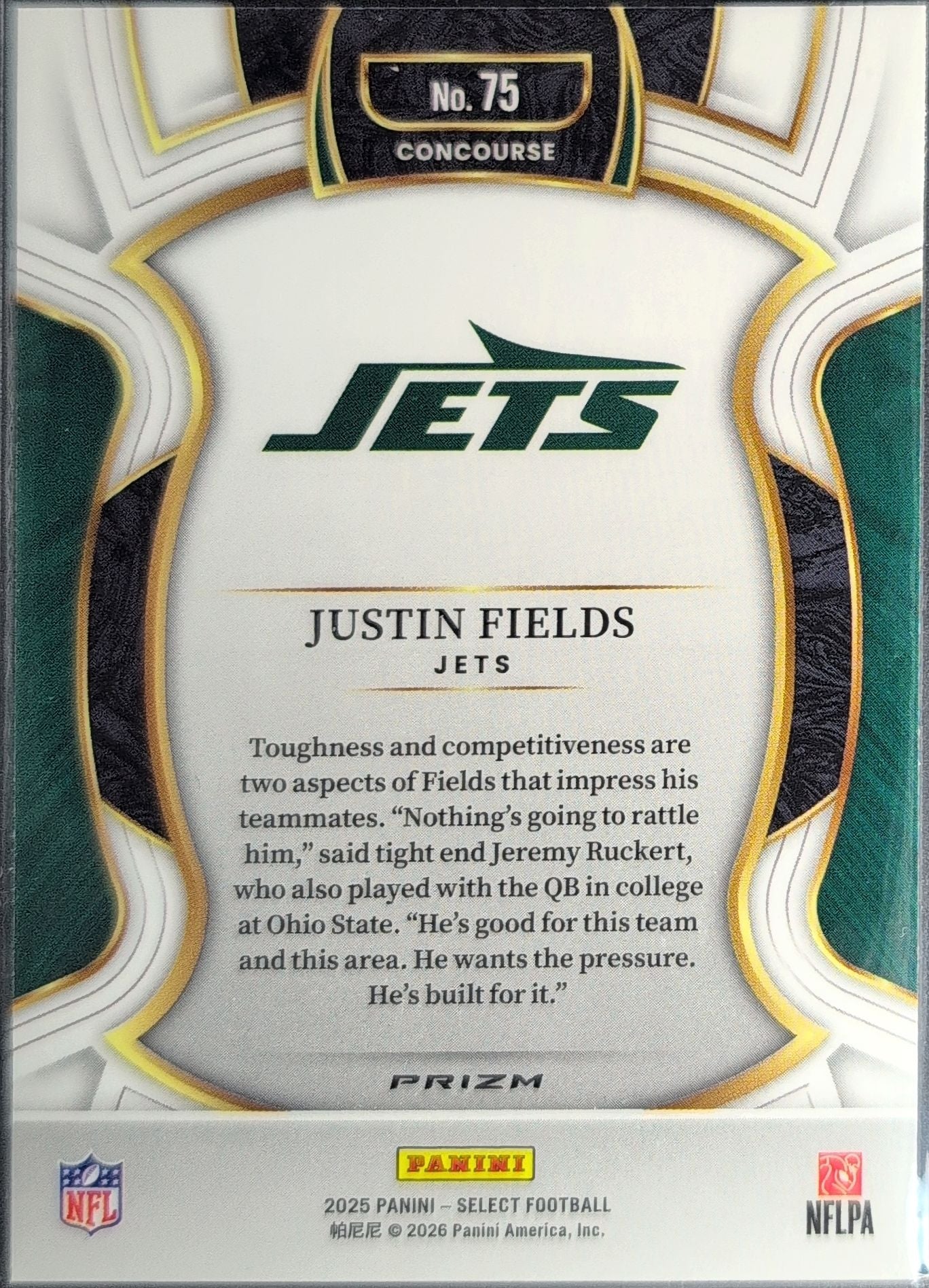 2025 Panini Select Justin Fields #75 Black and Gold Prizm Shock New York Jets back