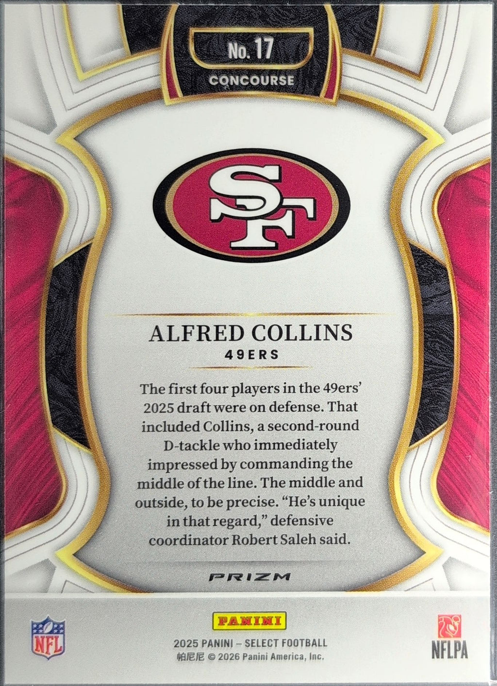 2025 Panini Select Alfred Collins #17 Black and Gold Prizm Shock San Francisco 49ers back