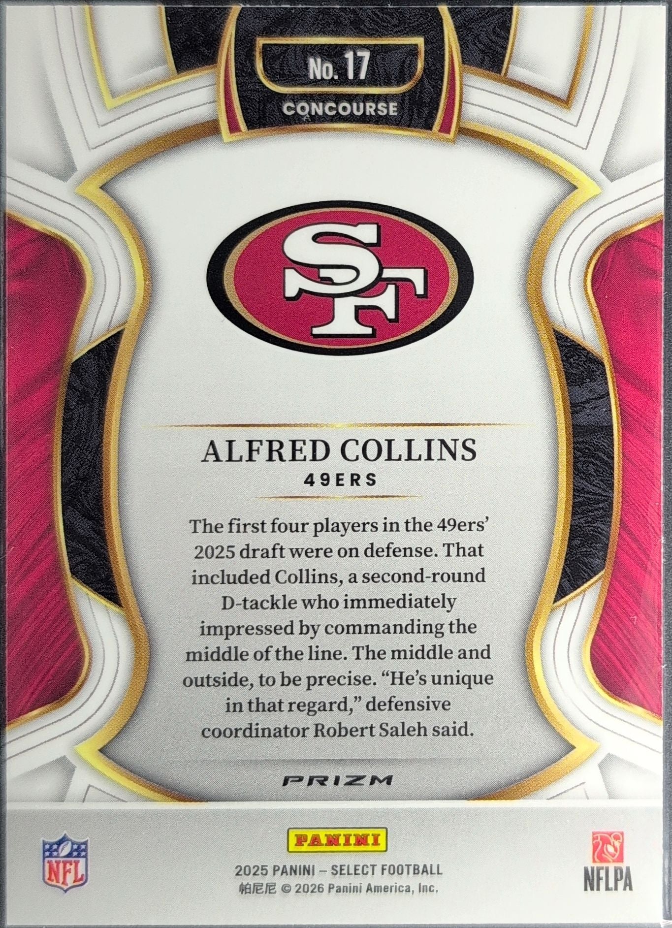 2025 Panini Select Alfred Collins #17 Black and Gold Prizm Shock San Francisco 49ers back