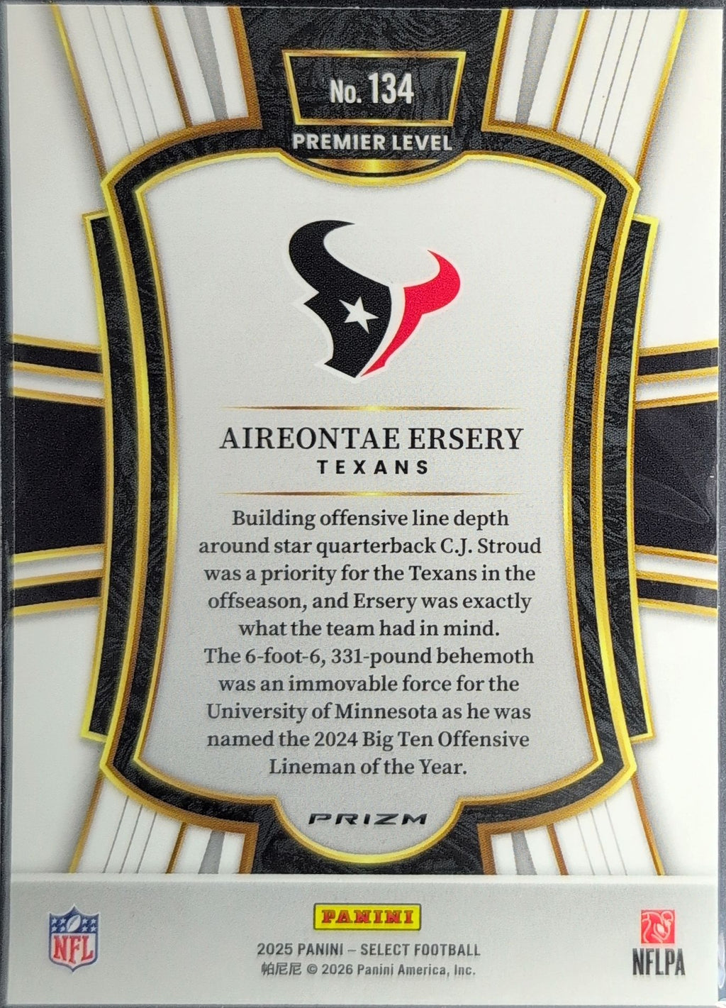 2025 Panini Select Aireontae Ersery #134 Black and Gold Prizm Shock Houston Texans back