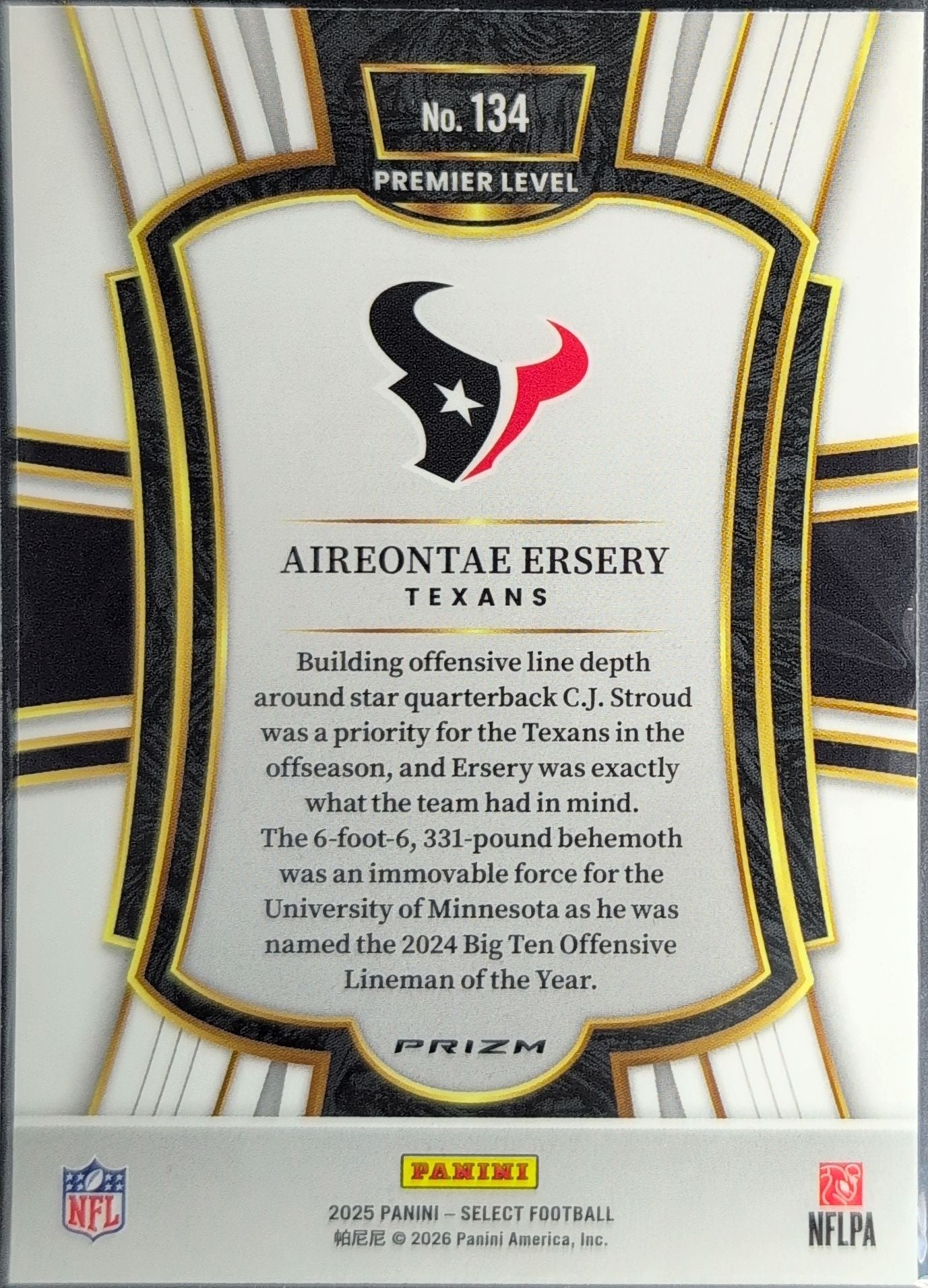 2025 Panini Select Aireontae Ersery #134 Black and Gold Prizm Shock Houston Texans back