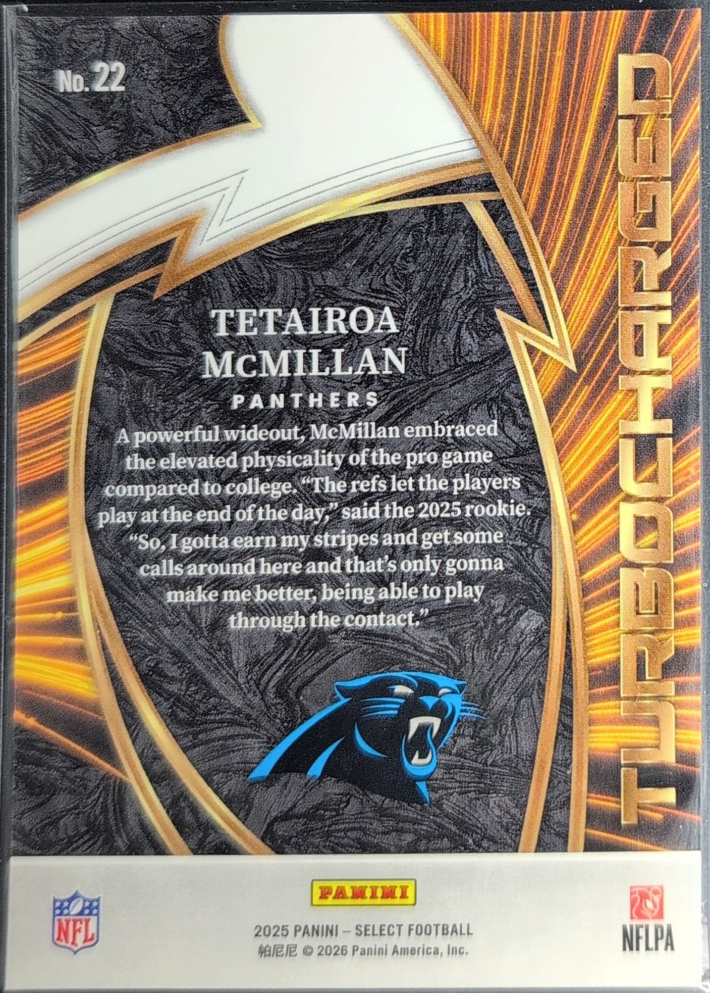 Tetairoa McMillan 2025 Panini Select #22 Turbocharged Carolina Panthers - back image