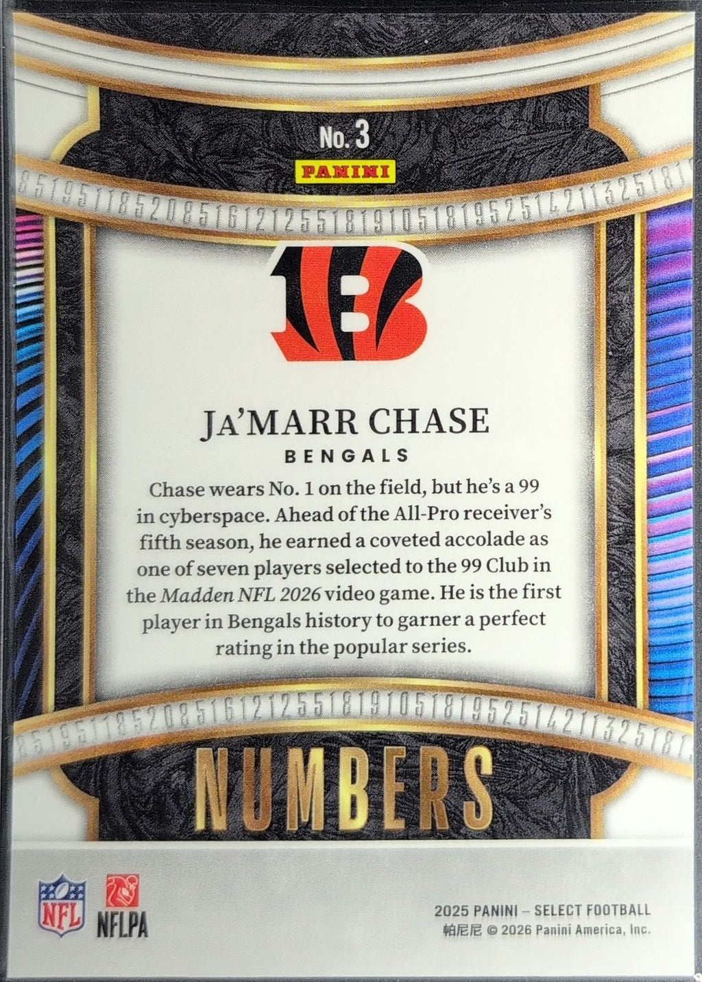 Ja'Marr Chase 2025 Panini Select #3 Select Numbers Cincinnati Bengals - back image