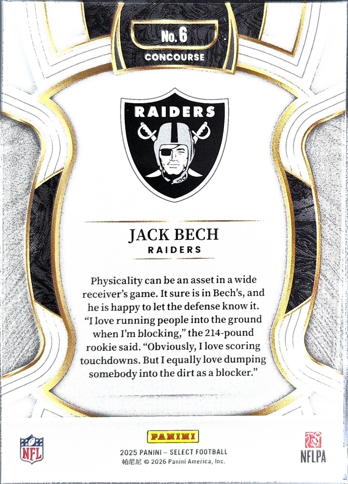 2025 Panini Select Jack Bech #6 RC Las Vegas Raiders back