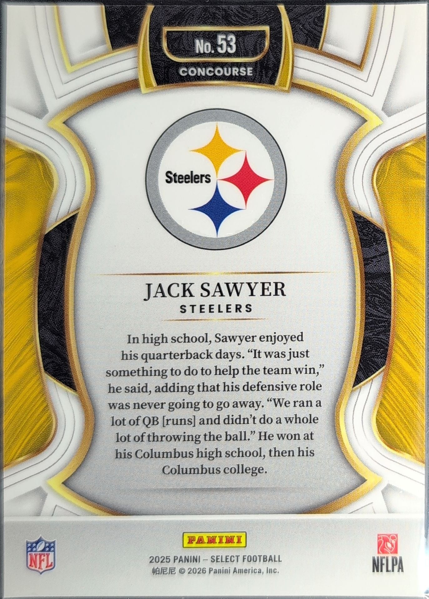 2025 Panini Select Jack Sawyer #53 RC Pittsburgh Steelers back
