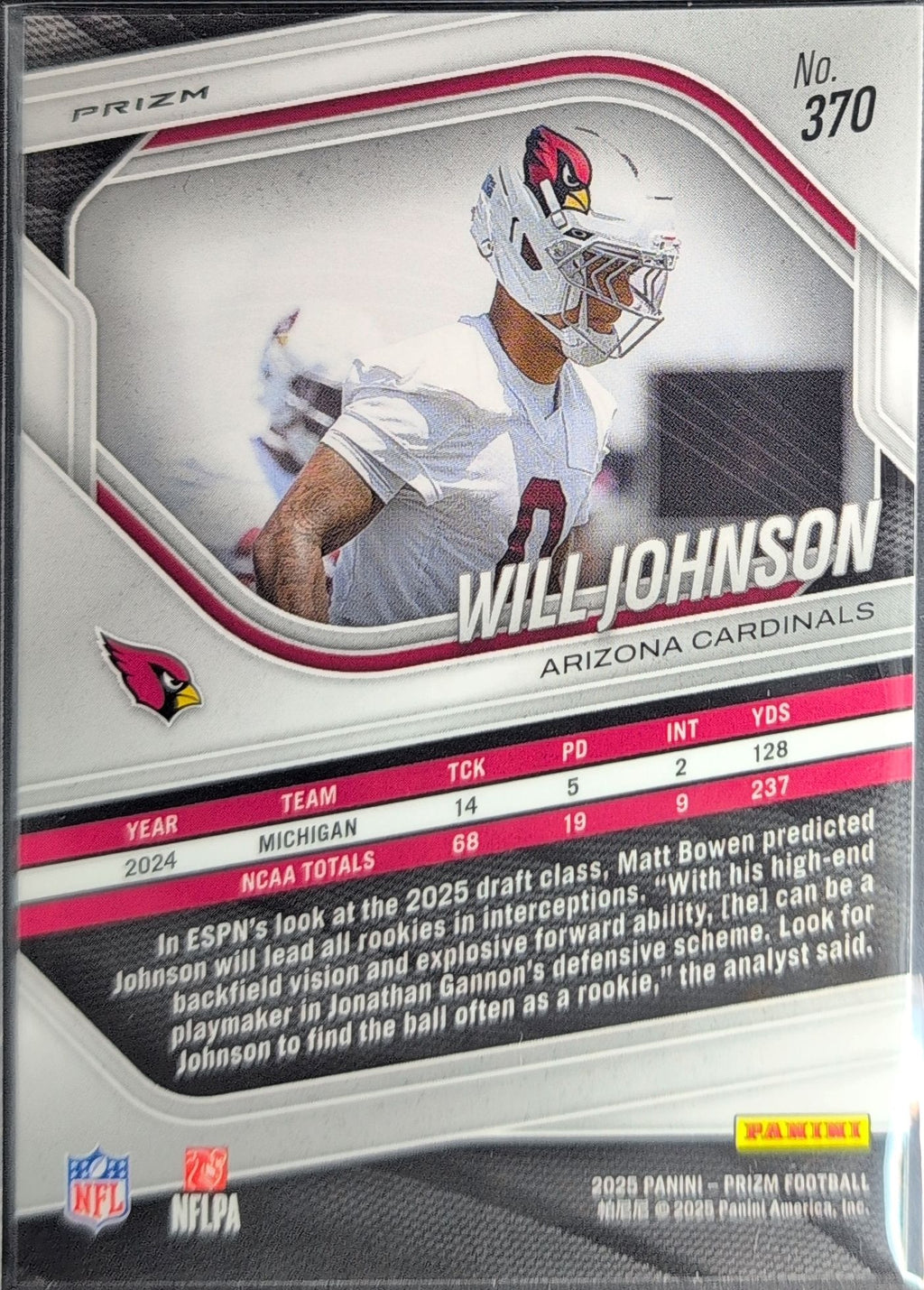2025 Panini Prizm Will Johnson #370 White Disco Arizona Cardinals back