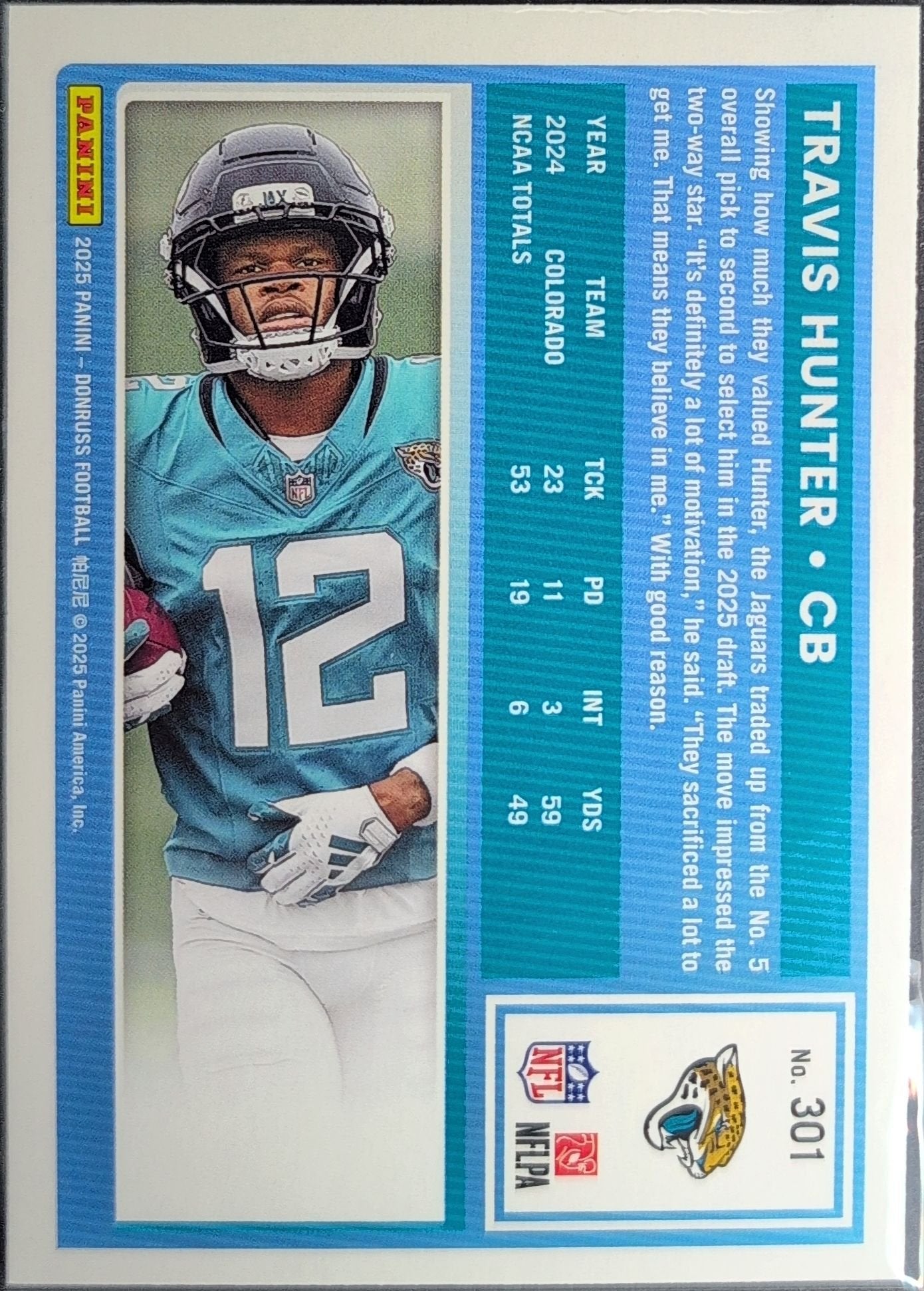 Travis Hunter 2025 Donruss #301 Press Proofs Green Rookie RC Jacksonville Jaguars - back image