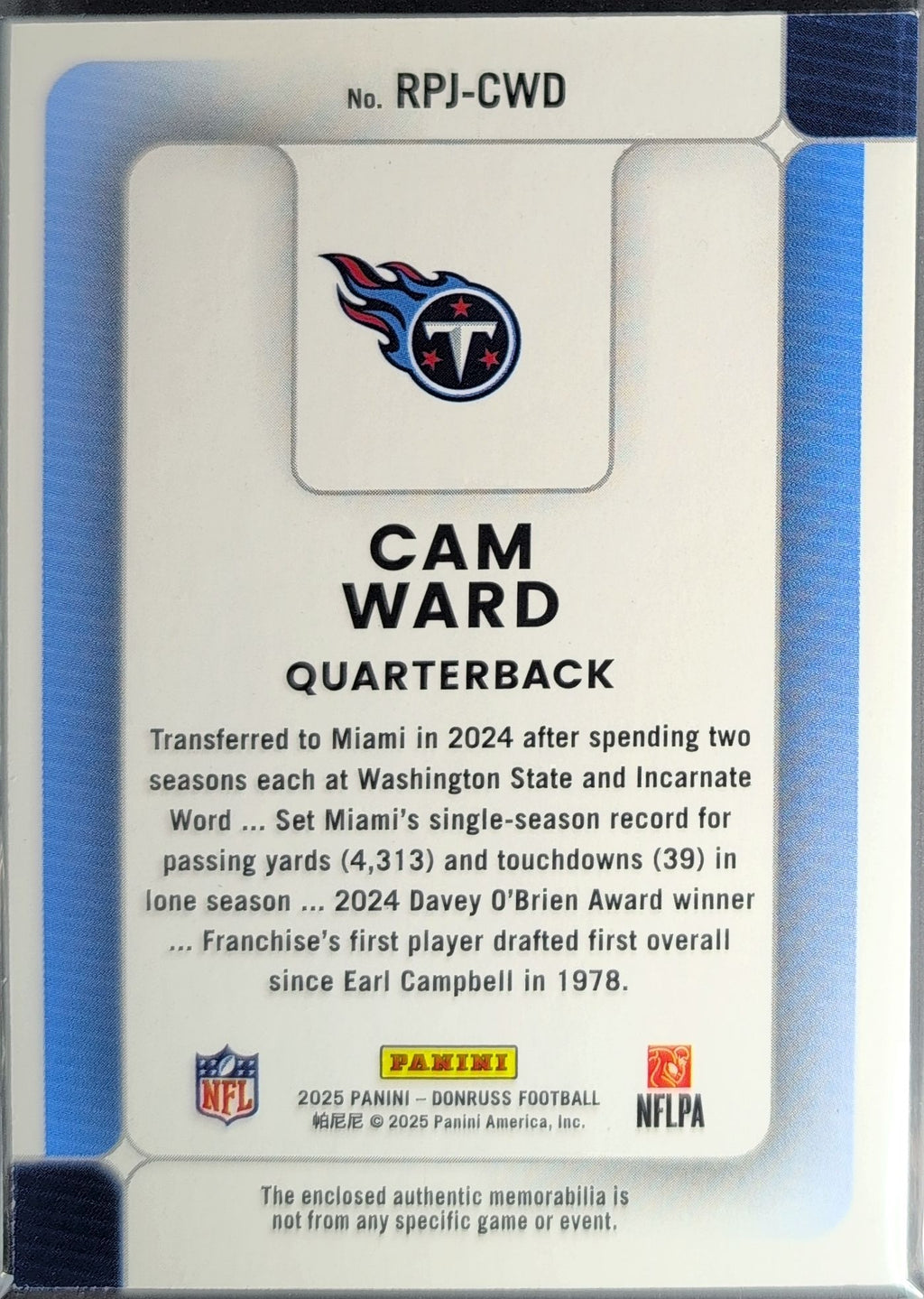 2025 Donruss Cam Ward #RPJ-CWD Rookie Phenom Jerseys MEM Tennessee Titans back