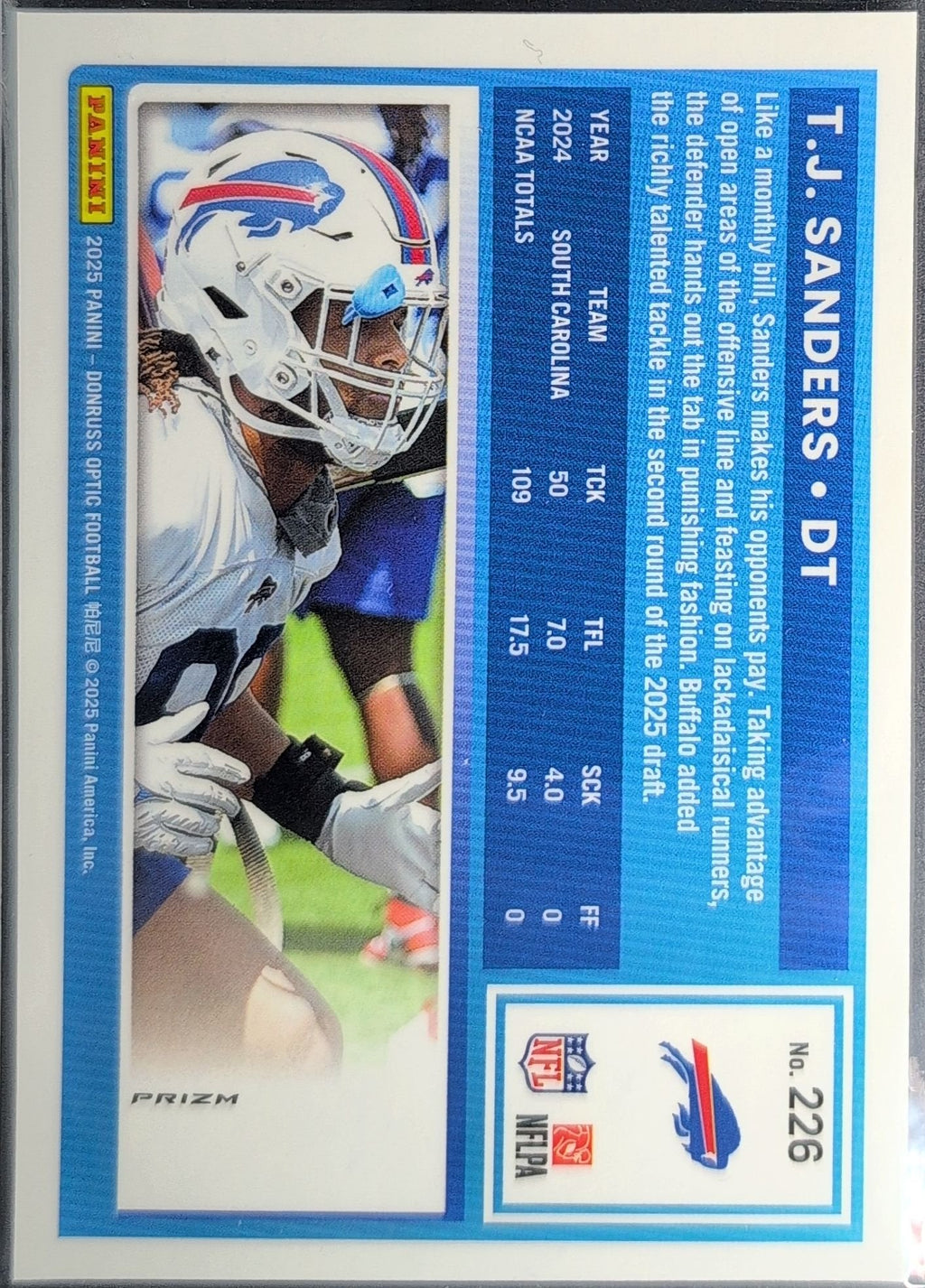T.J. Sanders 2025 Donruss Optic #226 Green Velocity Rookie RC Buffalo Bills - back image