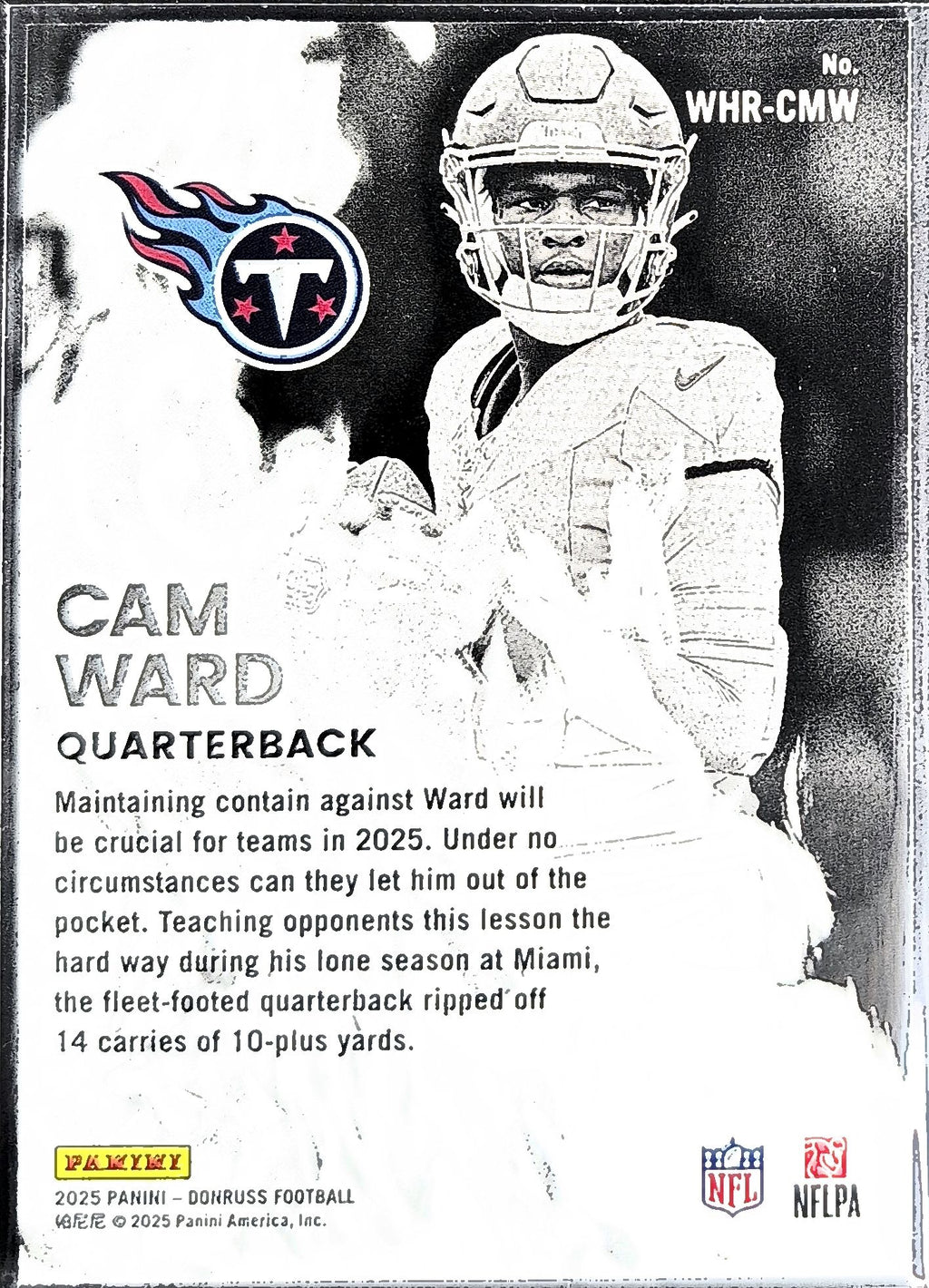 2025 Donruss Cam Ward #WHR-CMW White Hot Rookies Tennessee Titans back