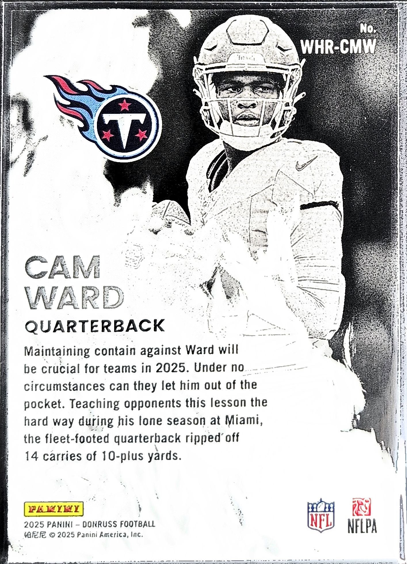 2025 Donruss Cam Ward #WHR-CMW White Hot Rookies Tennessee Titans back