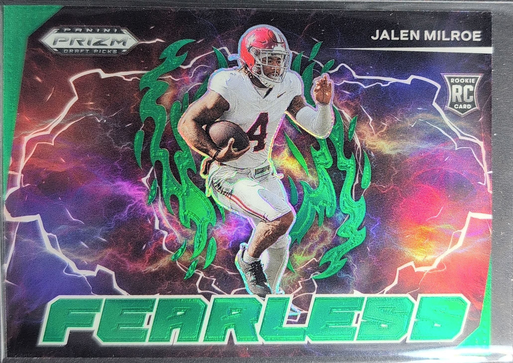 2025 Panini Prizm Draft Picks Jalen Milroe #F-JME Fearless Green Alabama Crimson Tide front