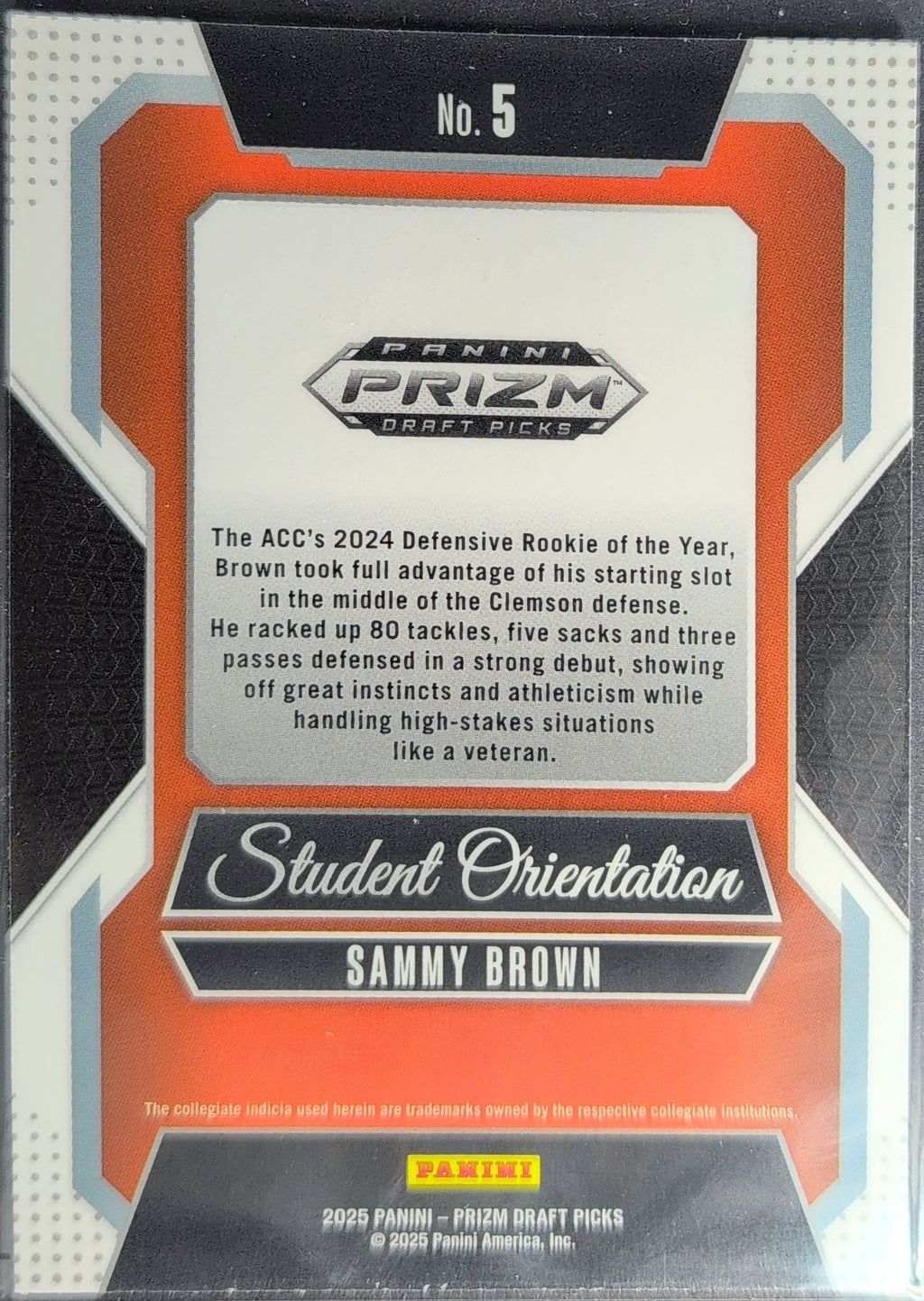2025 Panini Prizm Draft Picks Sammy Brown #5 Student Orientation Clemson Tigers back