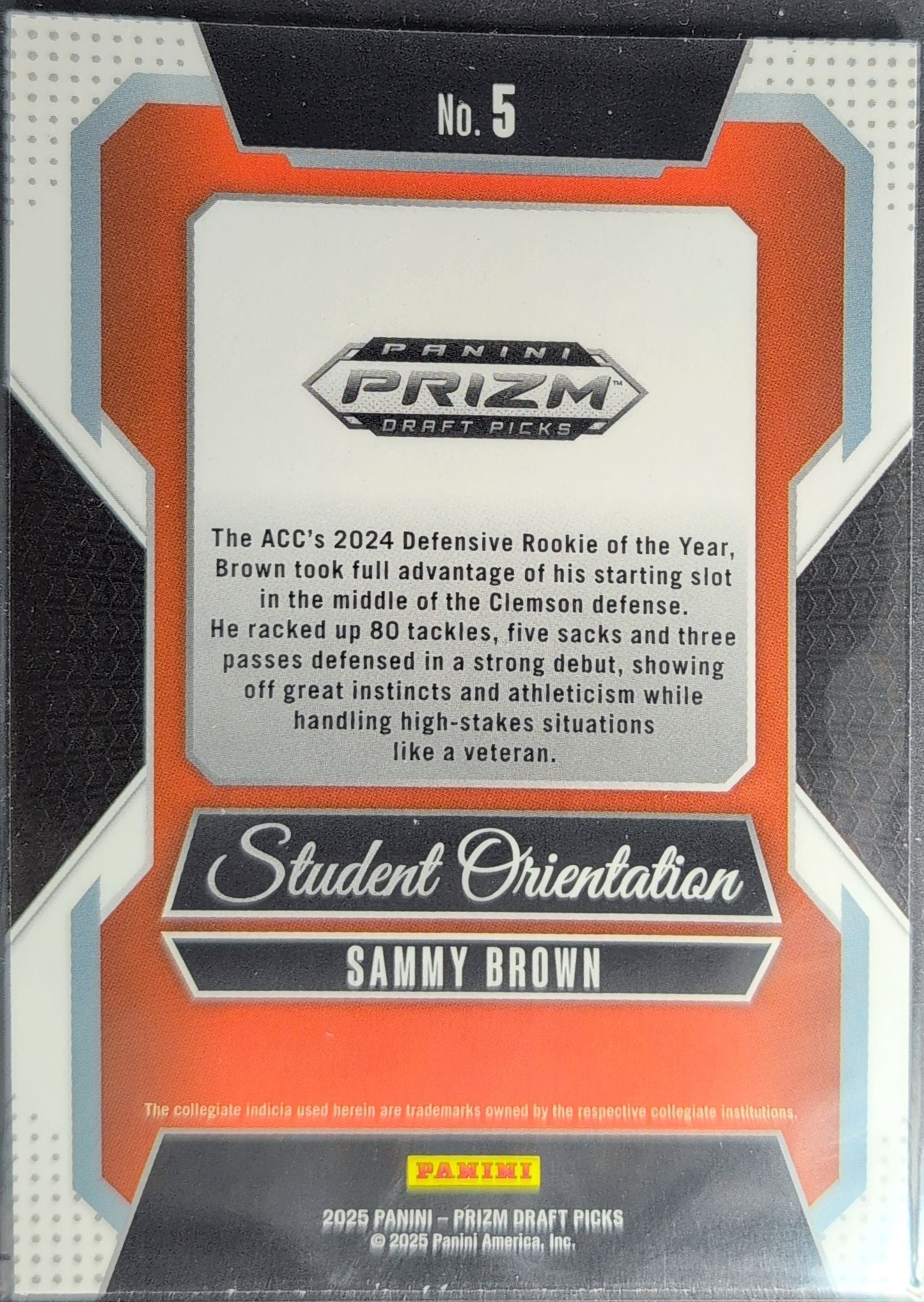 2025 Panini Prizm Draft Picks Sammy Brown #5 Student Orientation Clemson Tigers back