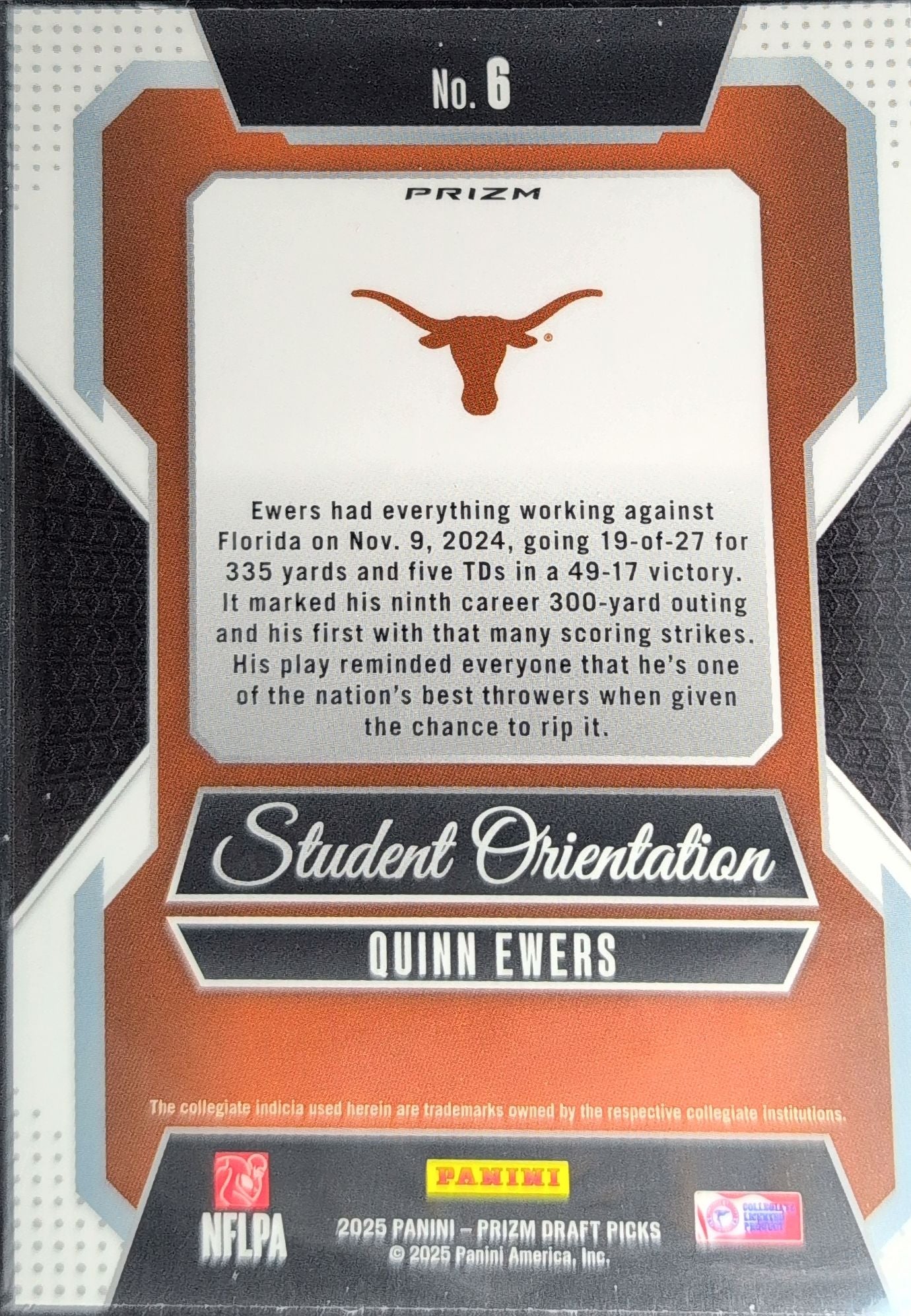 2025 Panini Prizm Draft Picks Quinn Ewers #6 Student Orientation Green Texas Longhorns back