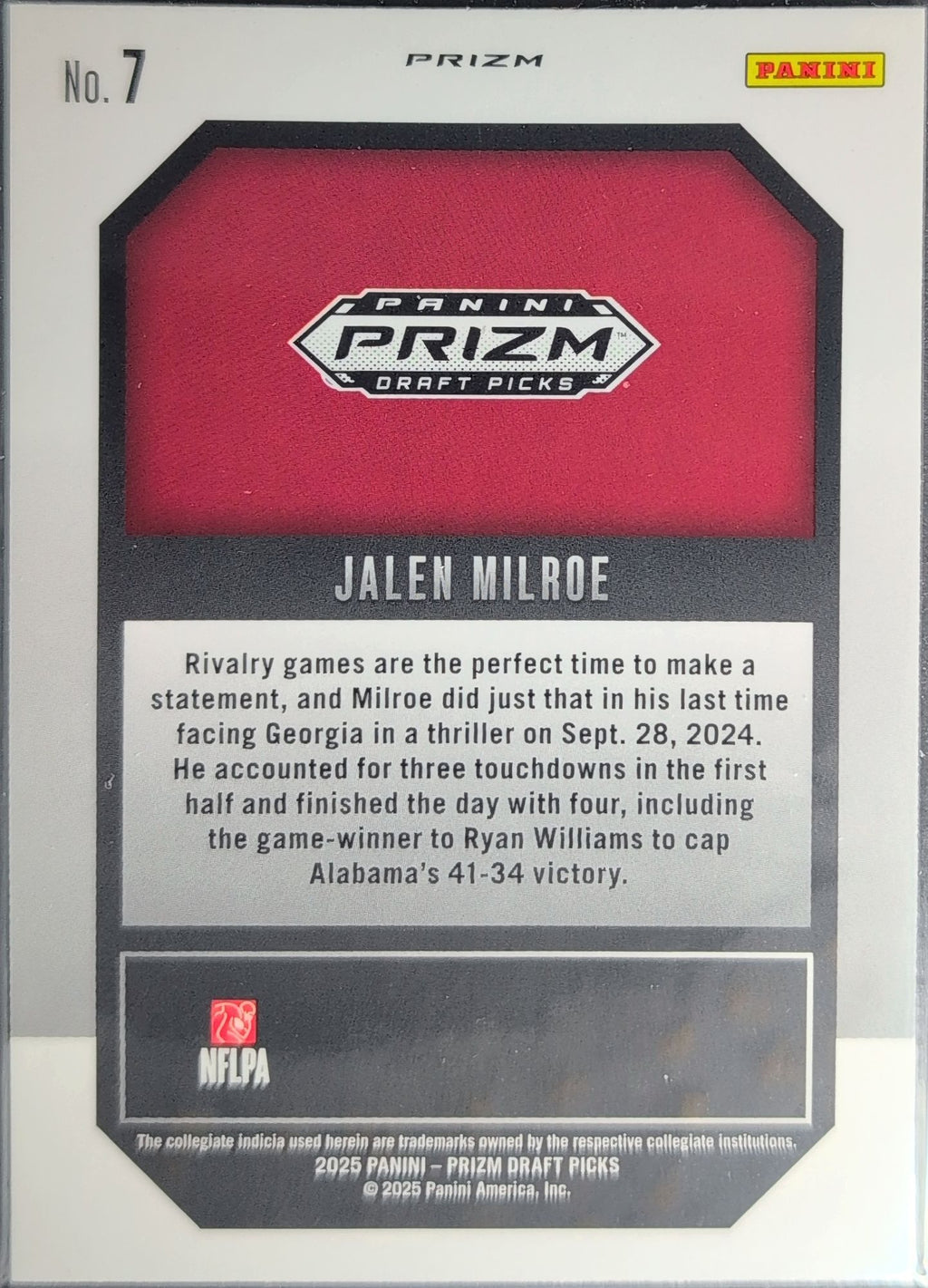 2025 Panini Prizm Draft Picks Jalen Milroe #7 New Recruits Red Ice Alabama Crimson Tide back