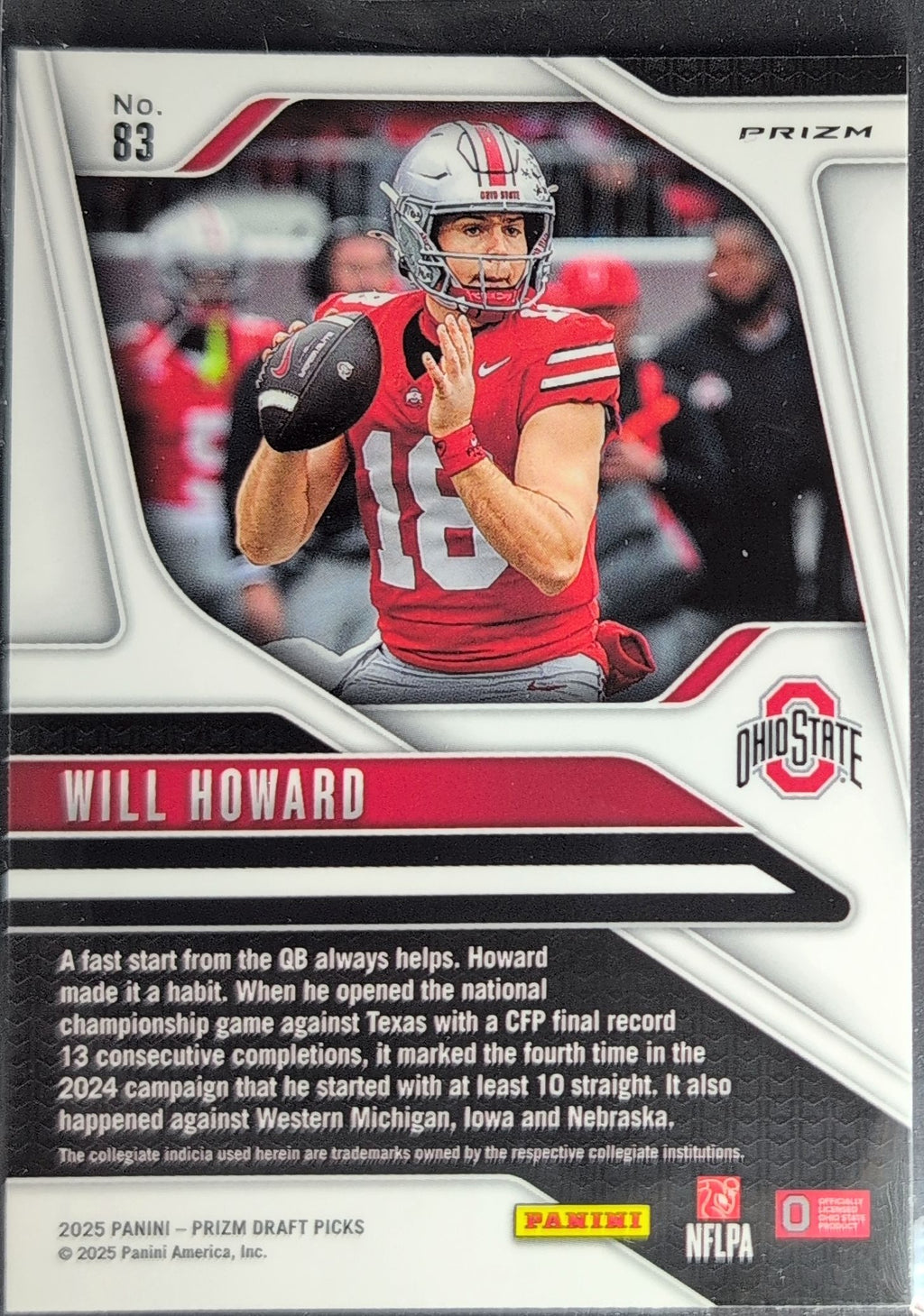 2025 Panini Prizm Draft Picks Will Howard #83 Prizms Red Ice Ohio State Buckeyes back