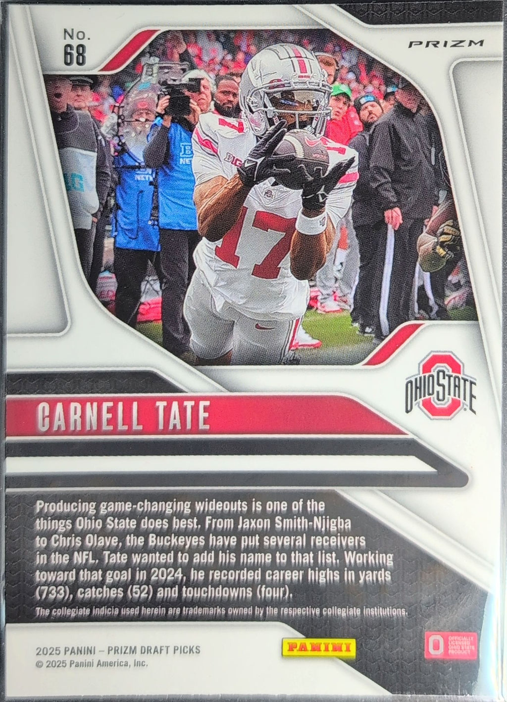 2025 Panini Prizm Draft Picks Carnell Tate #68 Prizms Red Ice Ohio State Buckeyes back