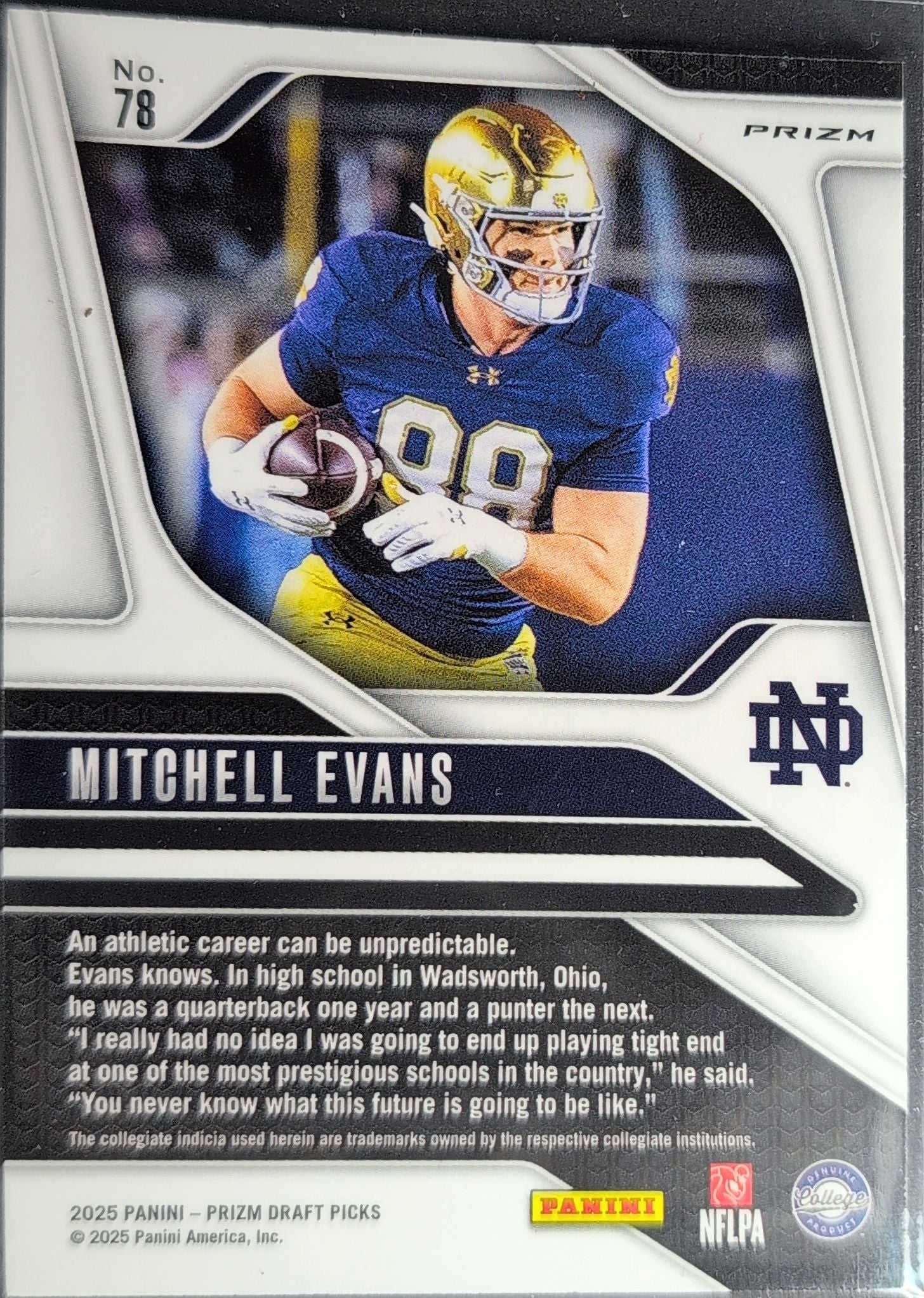 2025 Panini Prizm Draft Picks Mitchell Evans #78 Prizms Red Ice Notre Dame Fighting Irish back