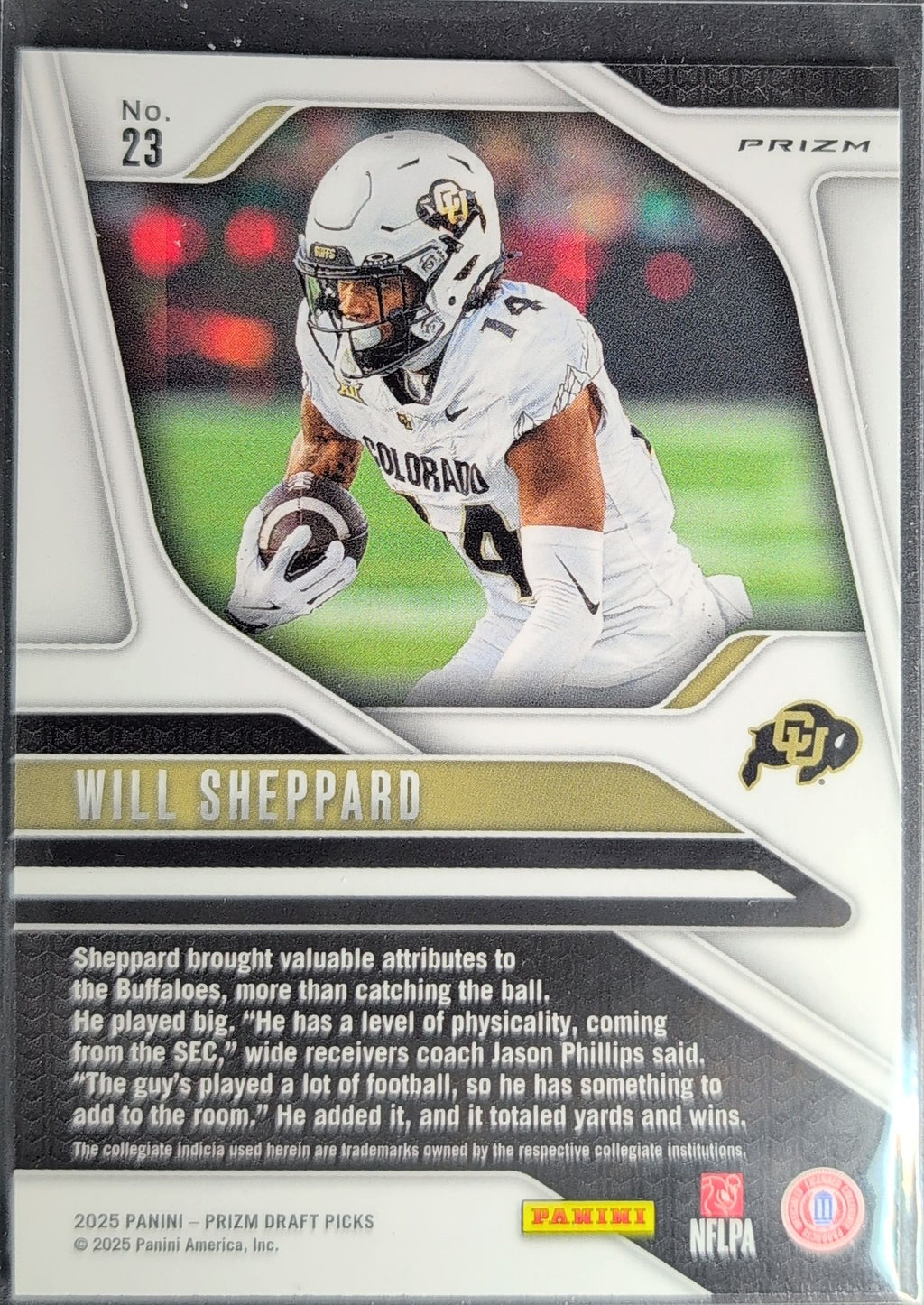 2025 Panini Prizm Draft Picks Will Sheppard #23 Prizms Gold Ice Colorado Buffaloes back