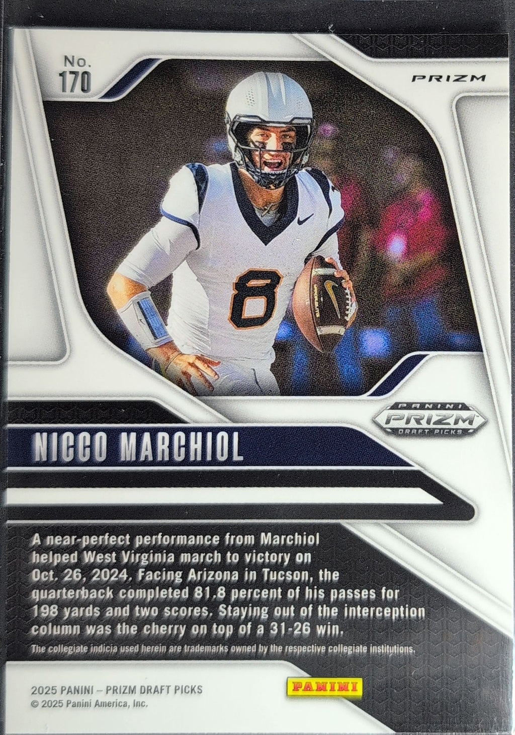 2025 Panini Prizm Draft Picks Nicco Marchiol #170 Prizms Gold Ice West Virginia Mountaineers back