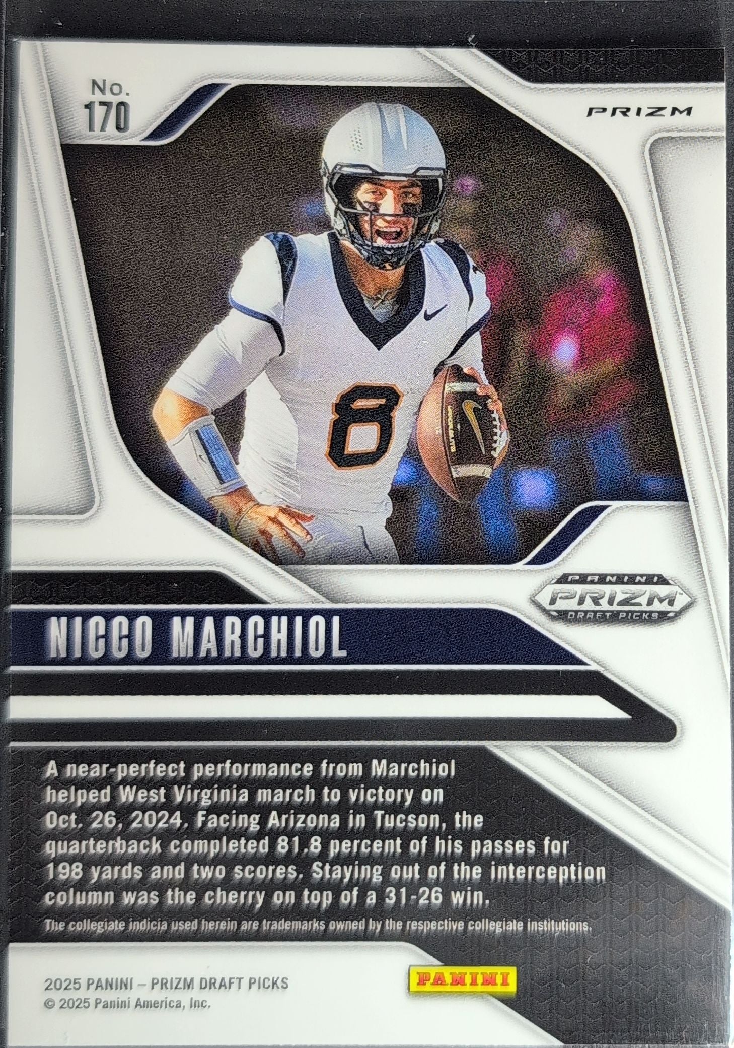 2025 Panini Prizm Draft Picks Nicco Marchiol #170 Prizms Gold Ice West Virginia Mountaineers back