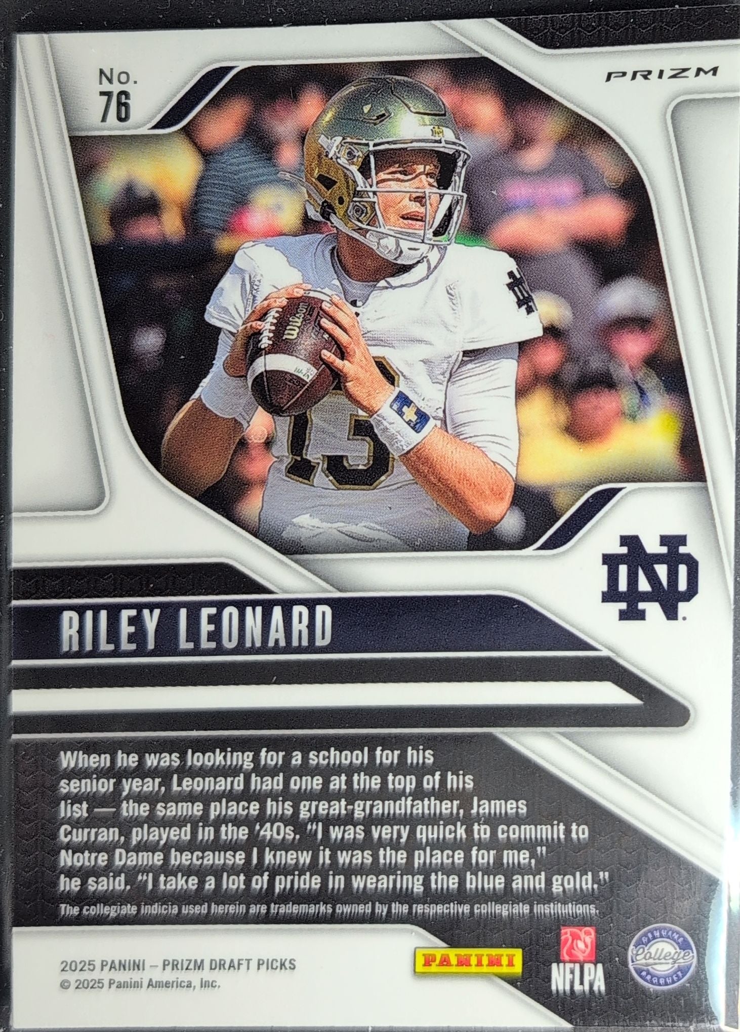 2025 Panini Prizm Draft Picks Riley Leonard #76 Prizms Gold Ice Notre Dame Fighting Irish back