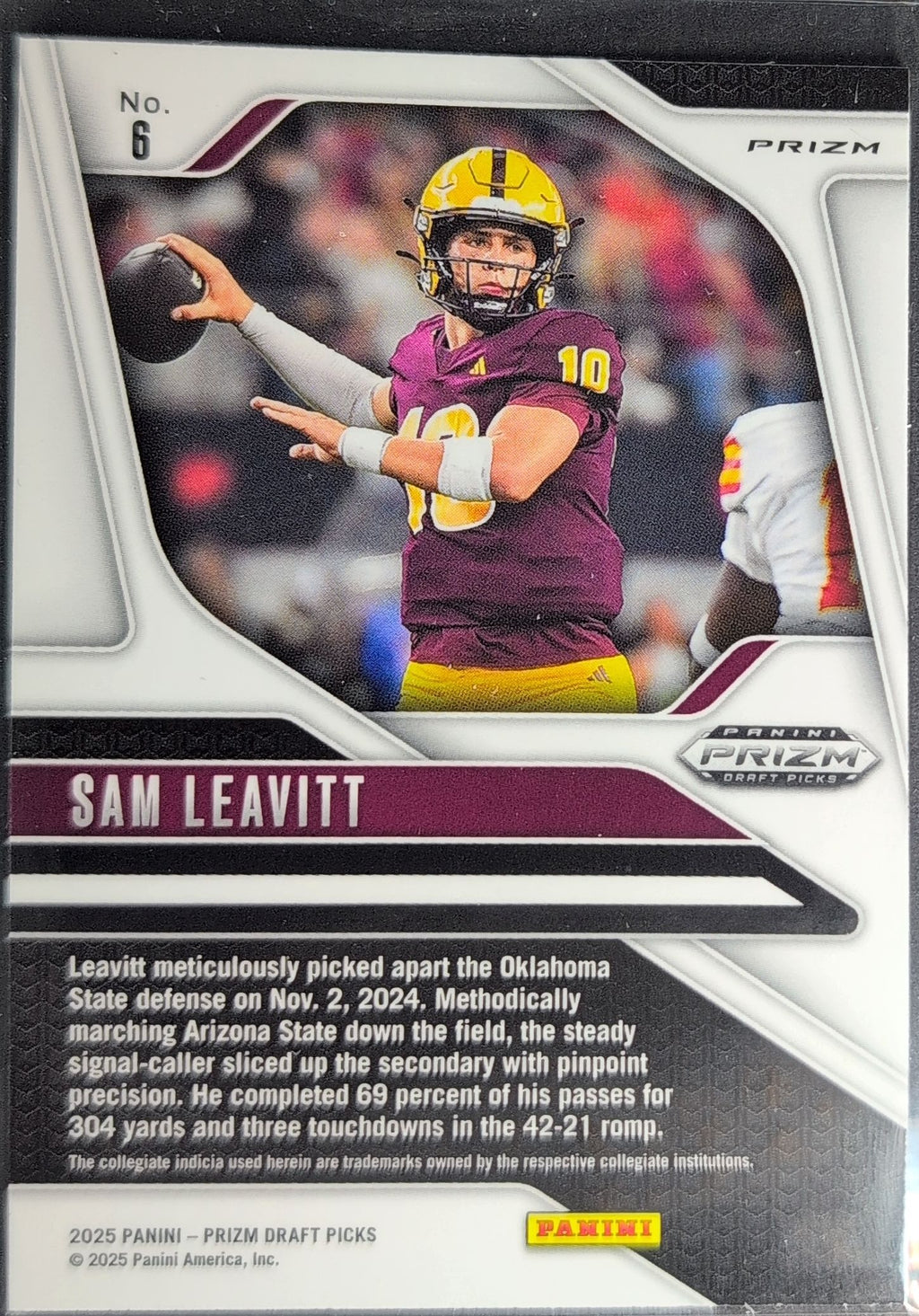2025 Panini Prizm Draft Picks Sam Leavitt #6 Prizms Silver Arizona State Sun Devils back