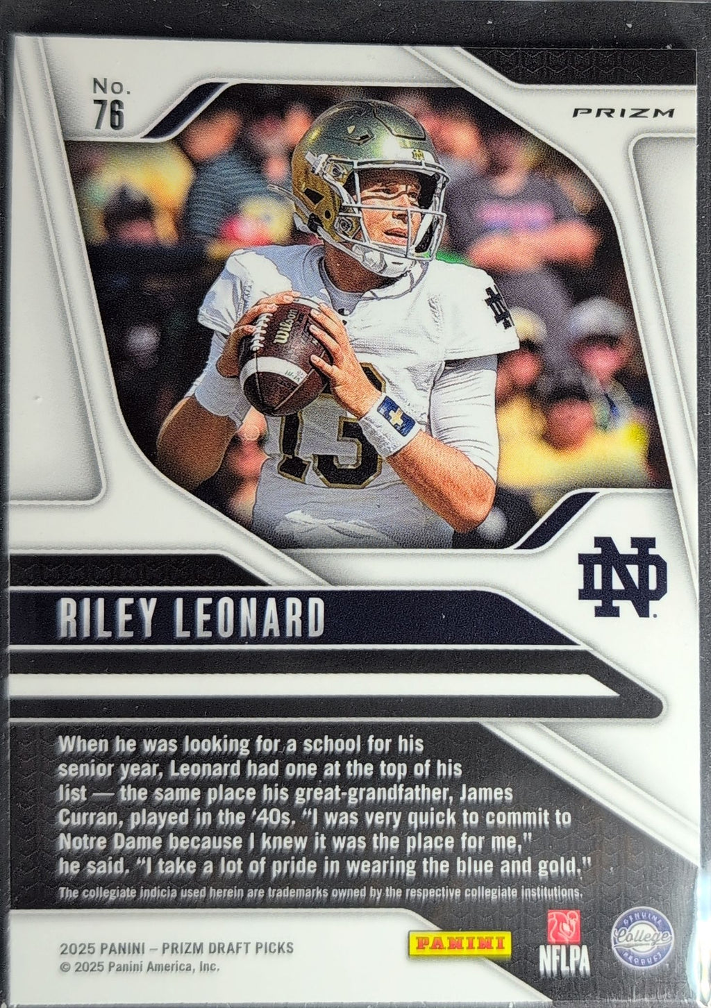 2025 Panini Prizm Draft Picks Riley Leonard #76 Prizms Silver Notre Dame Fighting Irish back