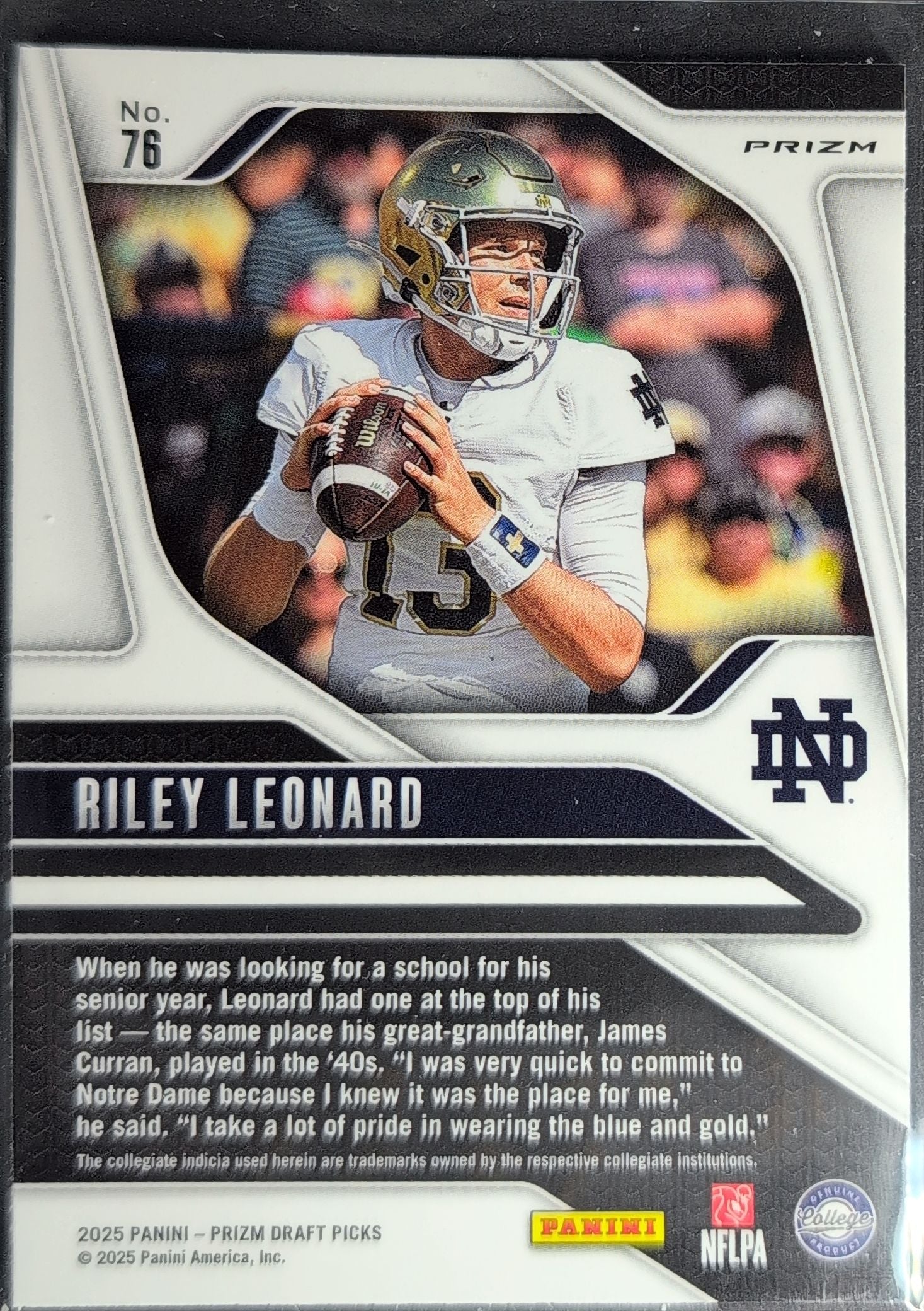 2025 Panini Prizm Draft Picks Riley Leonard #76 Prizms Silver Notre Dame Fighting Irish back