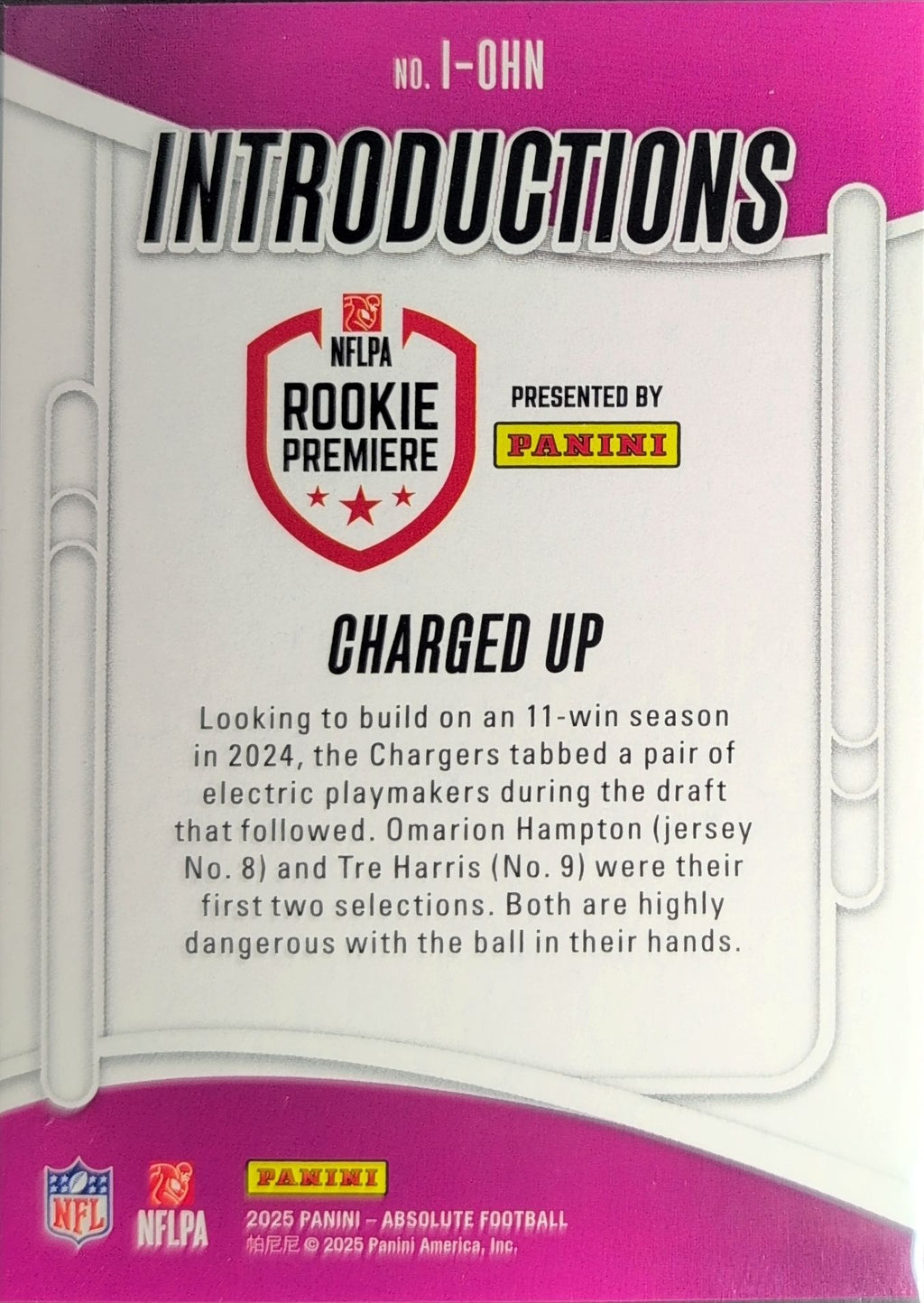 2025 Panini Absolute Charged Up #I-OHN Introductions Los Angeles Chargers back