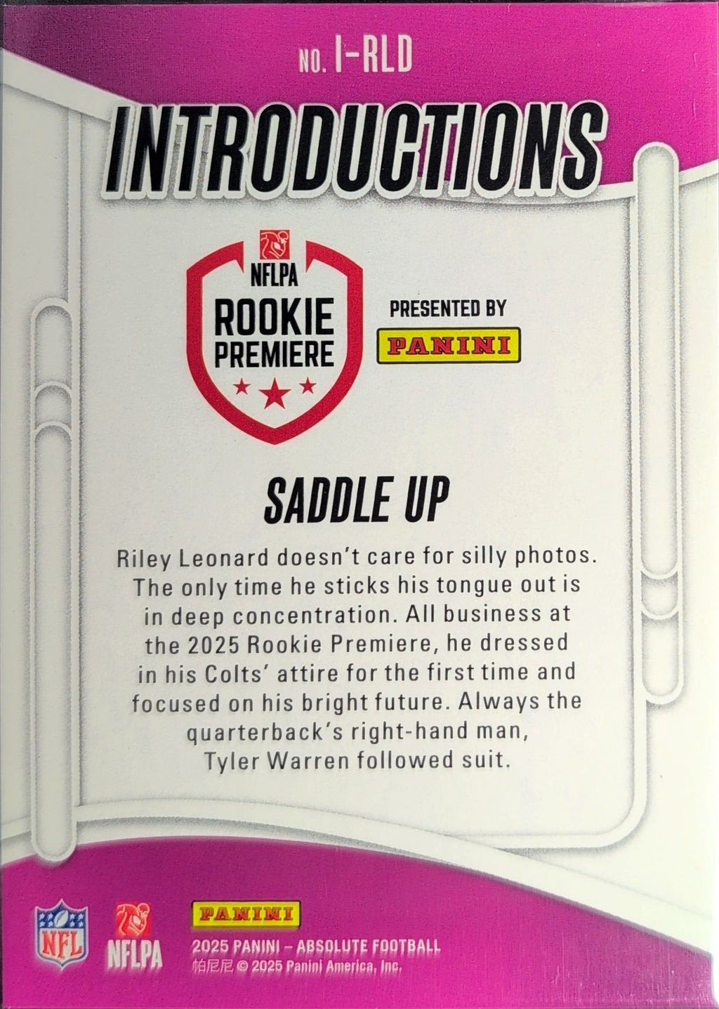 2025 Panini Absolute Saddle Up #I-RLD Introductions Indianapolis Colts back